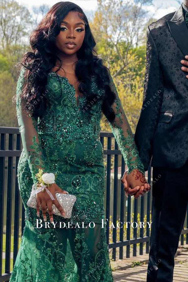 Emerald V-Neck Mermaid Prom Dress with 3/4 Sleeves and Lace Appliques