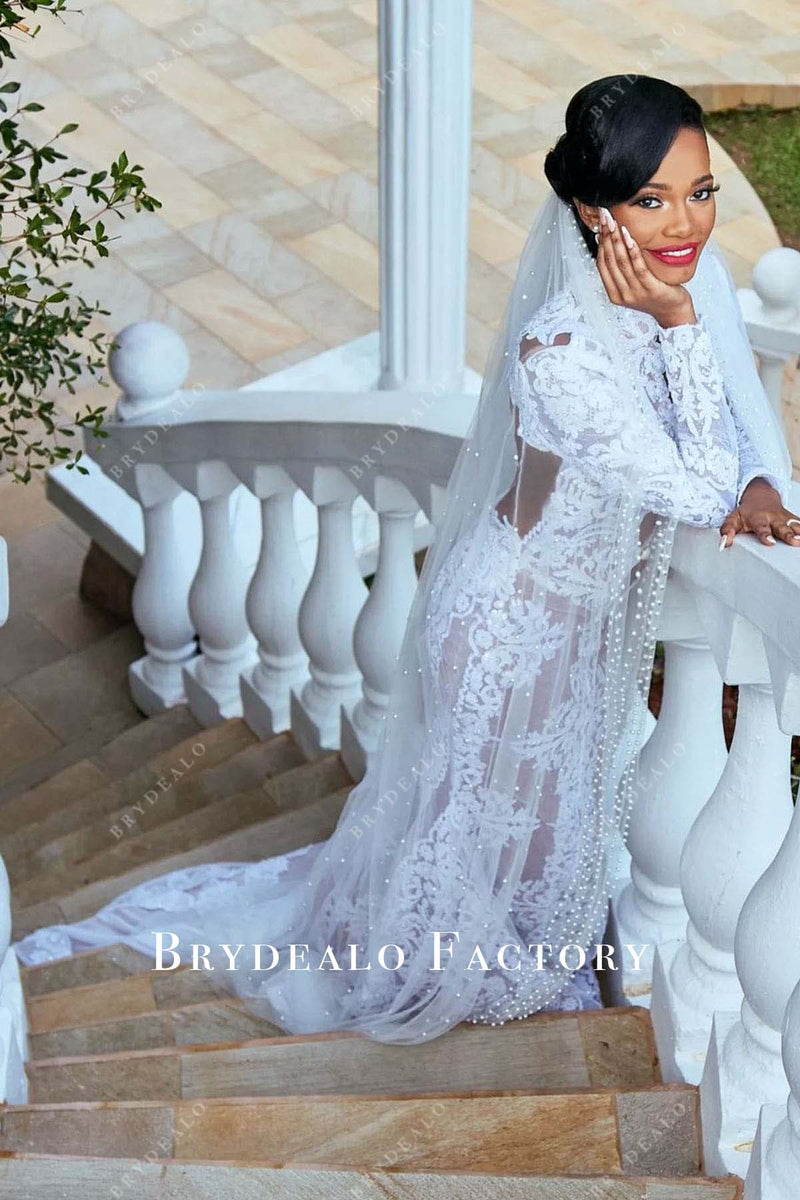Gorgeous Mermaid Lace Wedding Dress Chapel Train Long Sleeves Appliques Bridal Gowns main image 0