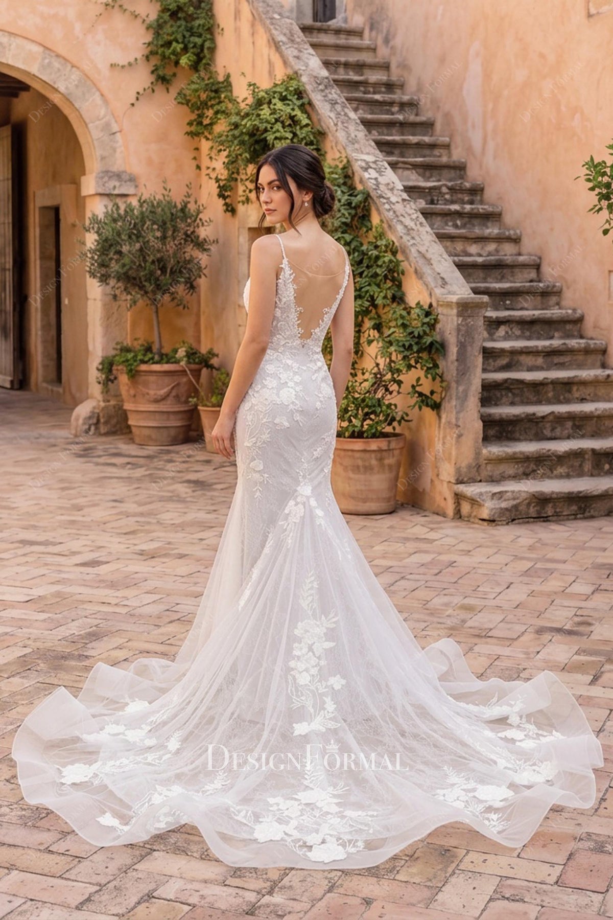 lace appliques mermaid court train wedding dress