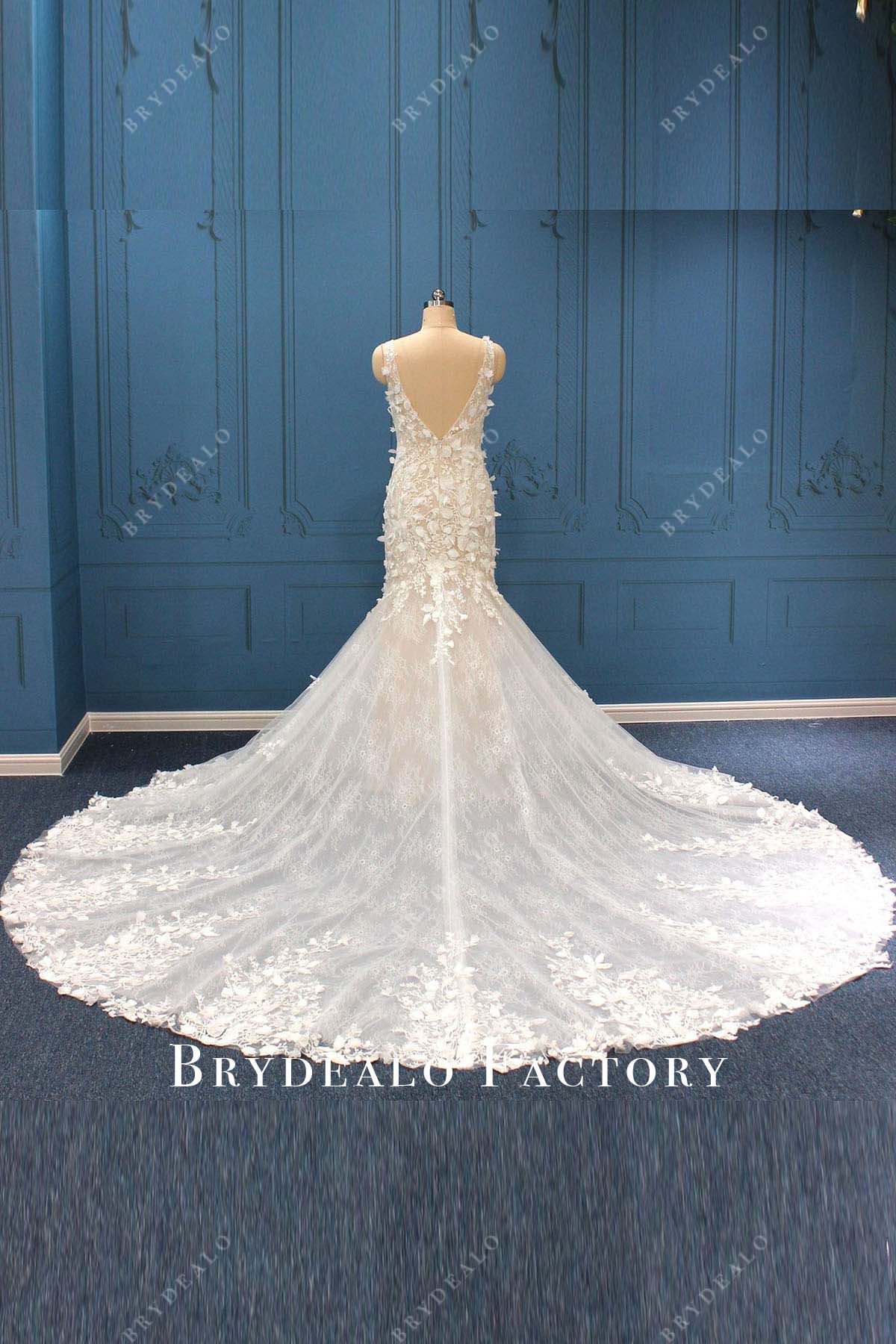 lace appliques mermaid long train wedding dress