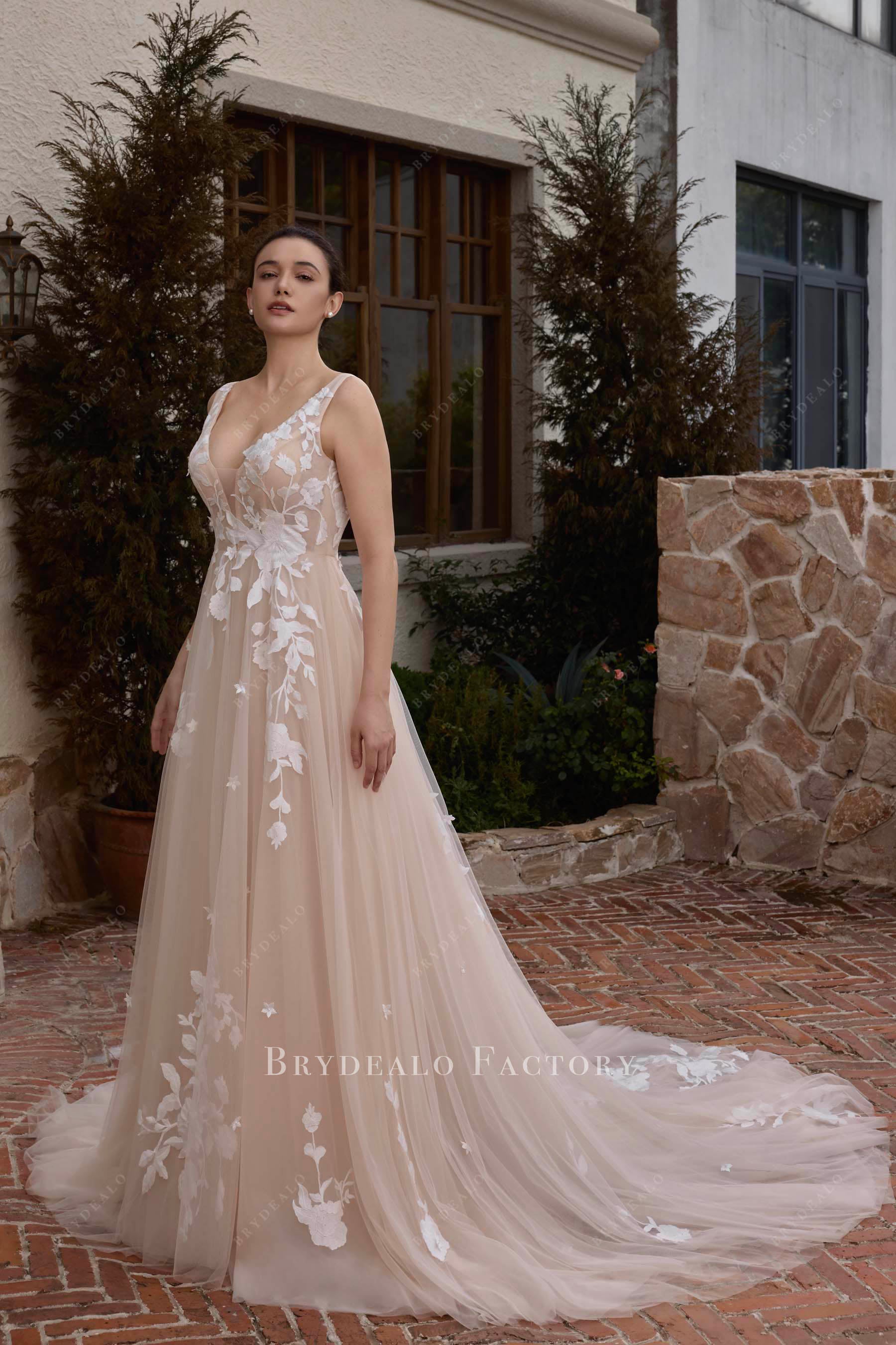 lace appliques nude tulle bridal dress