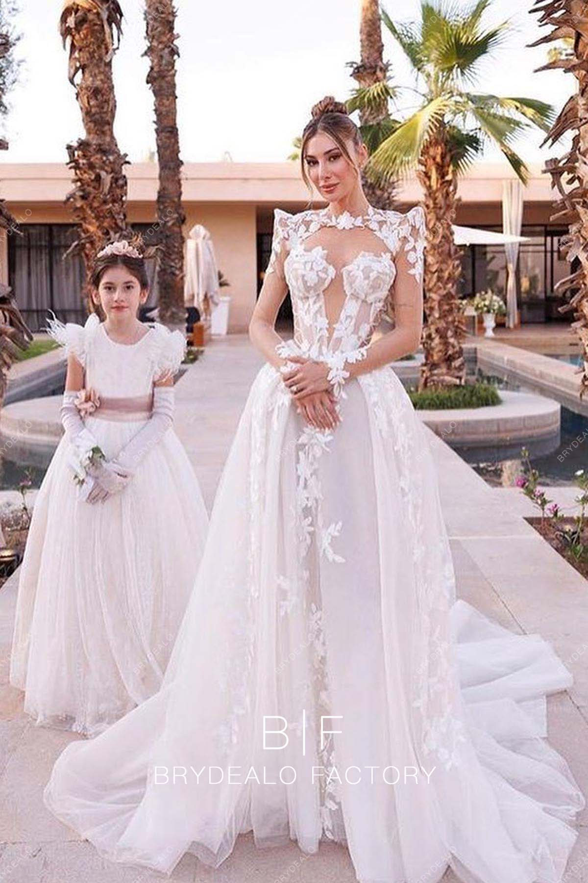 Designer Lace Plunging Neck Baroque Wedding Dress Overskirt