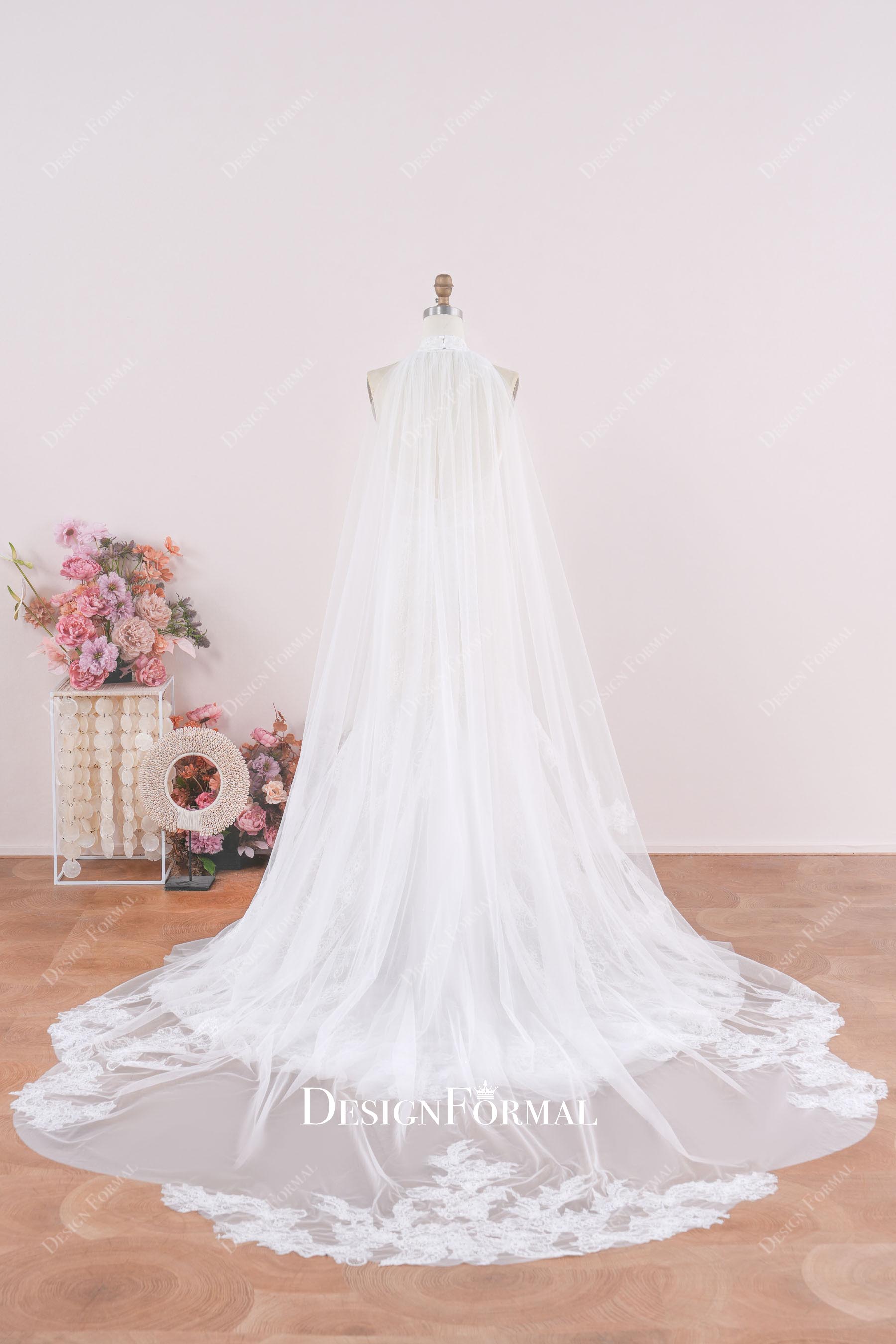 lace cape mermaid wedding dress