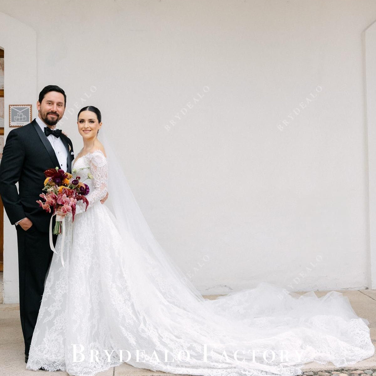 Lace Plunging A-Line Cathedral Train Wedding Dress, Dress Only