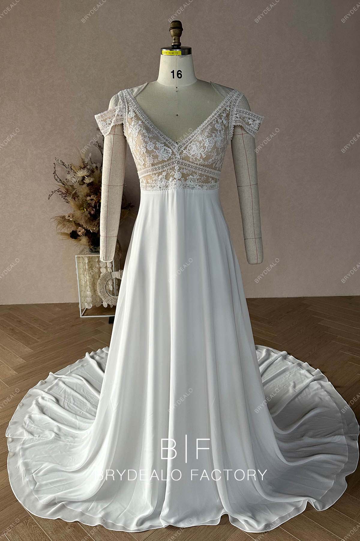Boho Lace V-neck Cold Shoulder Chiffon A-line Wedding Dress
