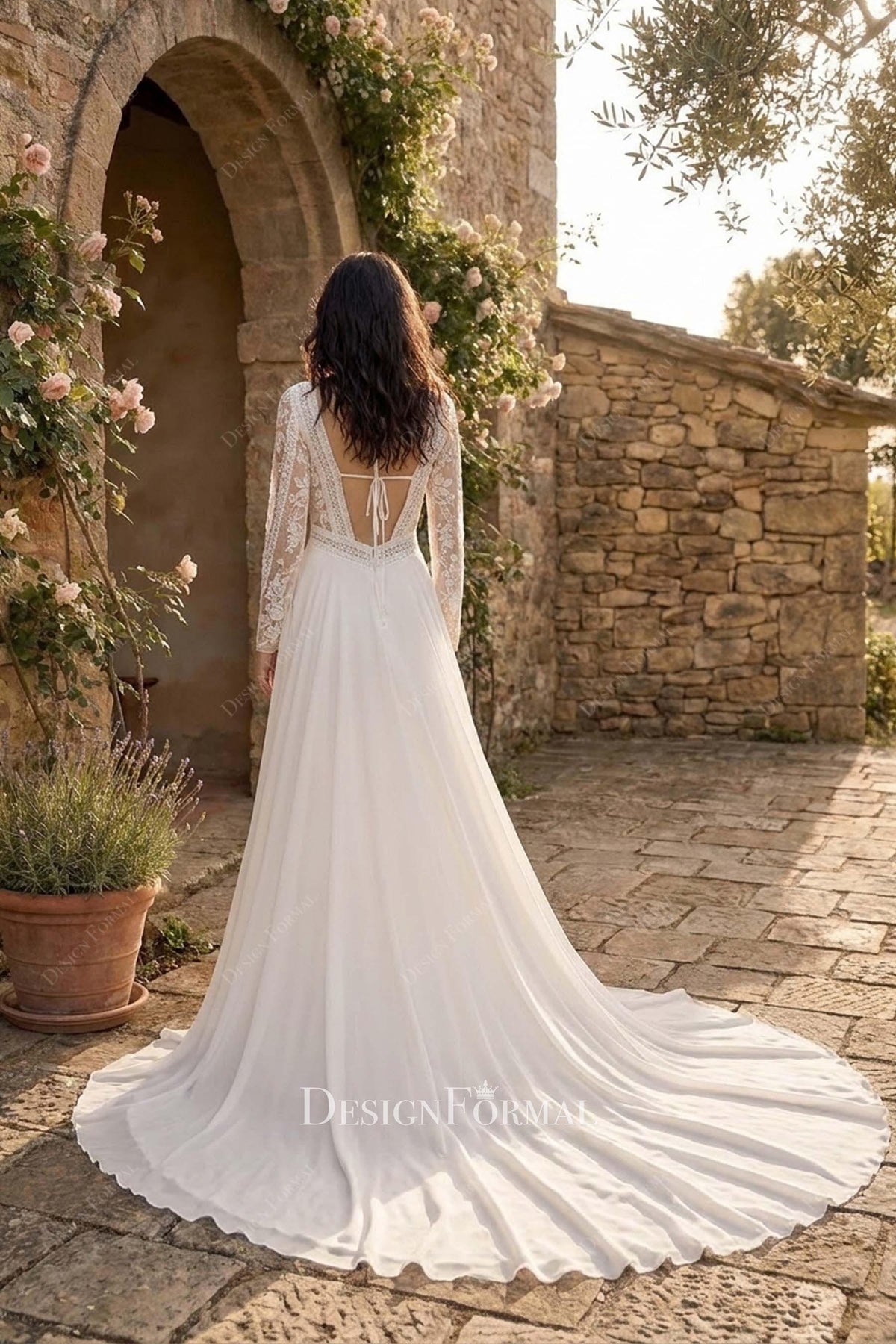 lace chiffon boho wedding dress