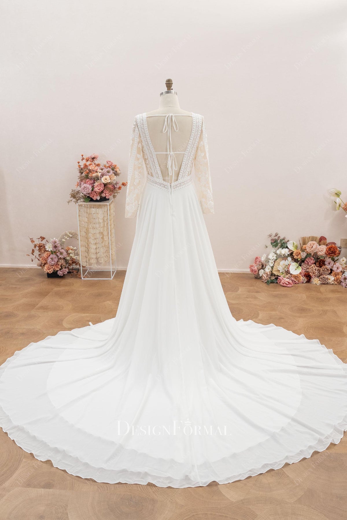 lace chiffon chapel train wedding dress