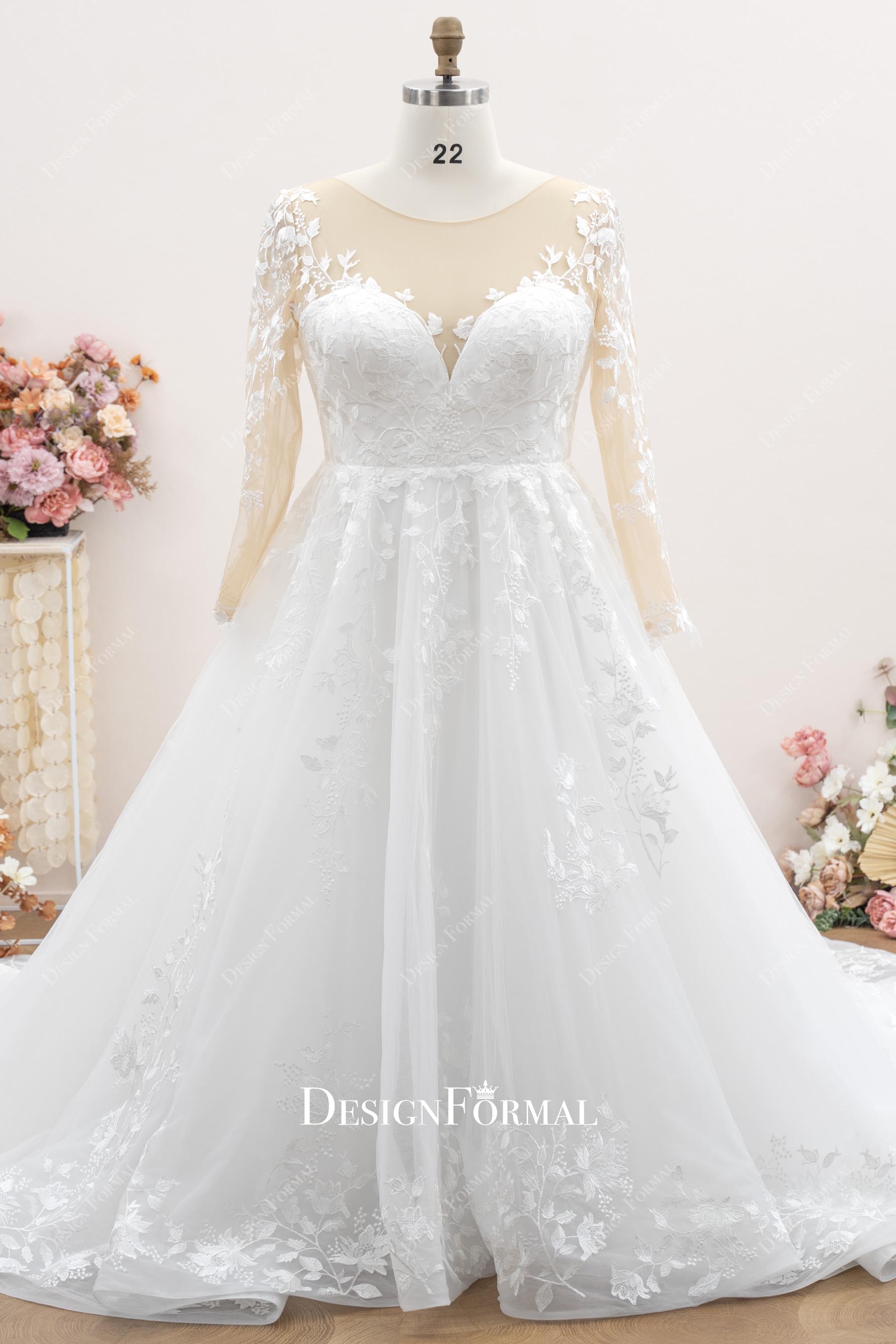 lace illusion neck a line wedding dress
