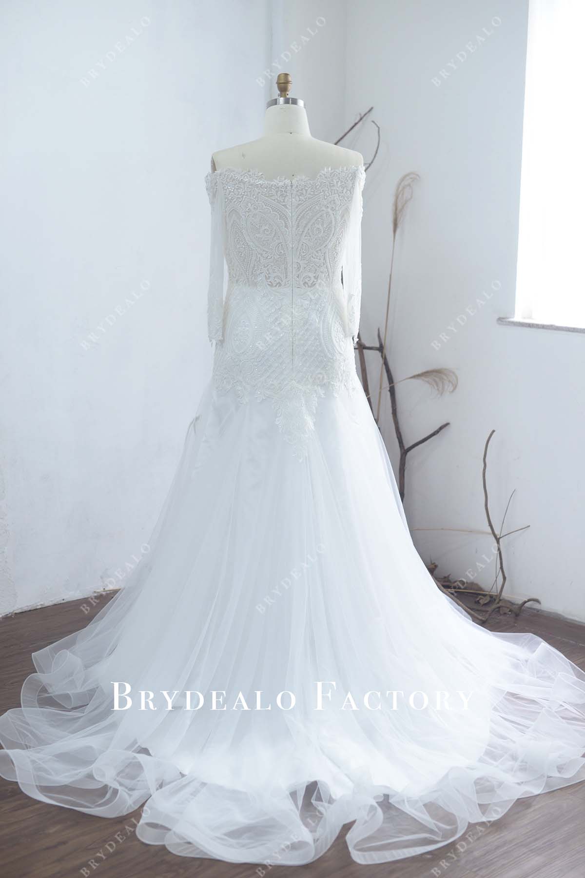 lace long sleeves mermaid tulle wedding dress