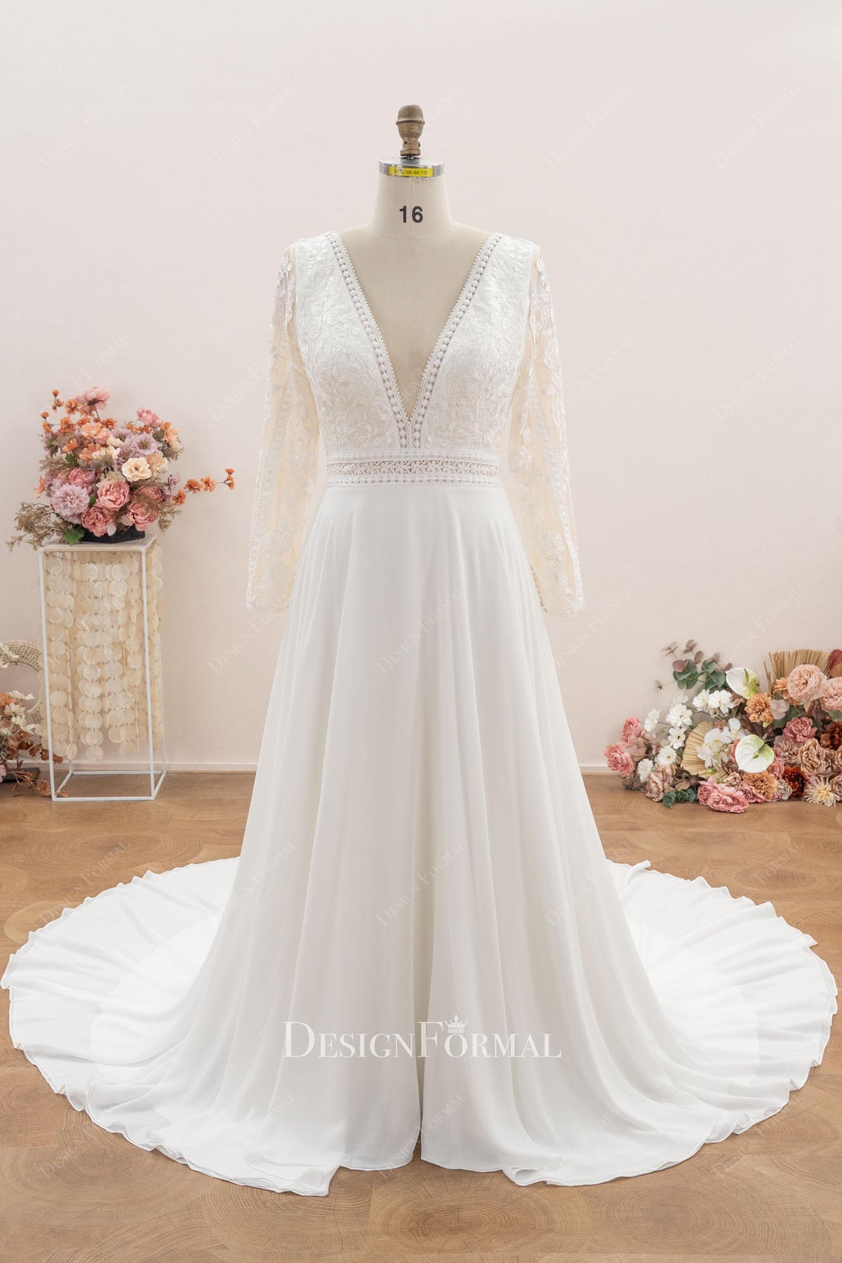 lace plunging neck a line wedding dress