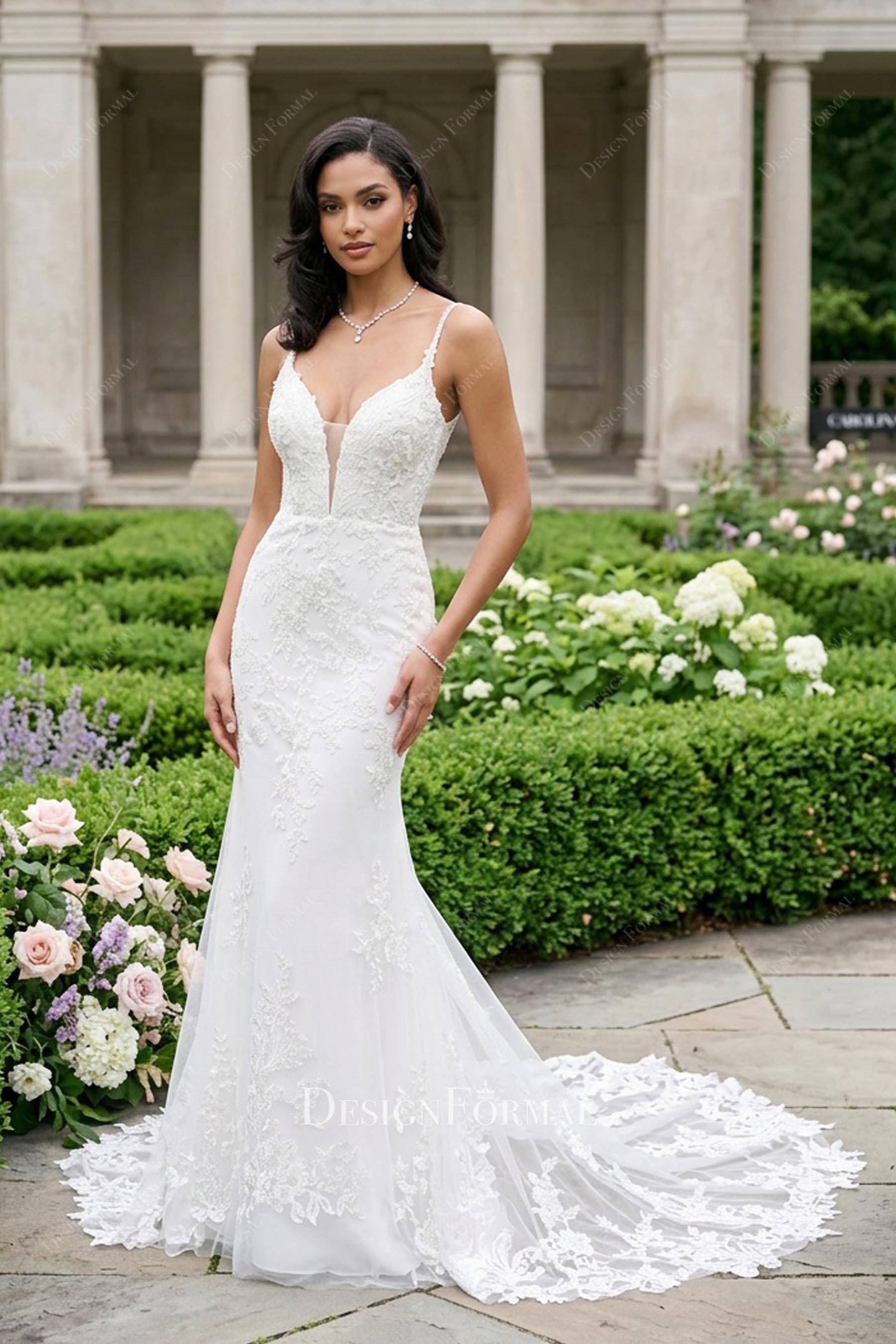 lace plunging neck mermaid bridal dress