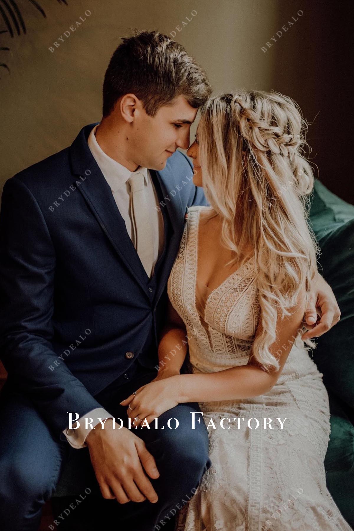 lace plunging wedding dress