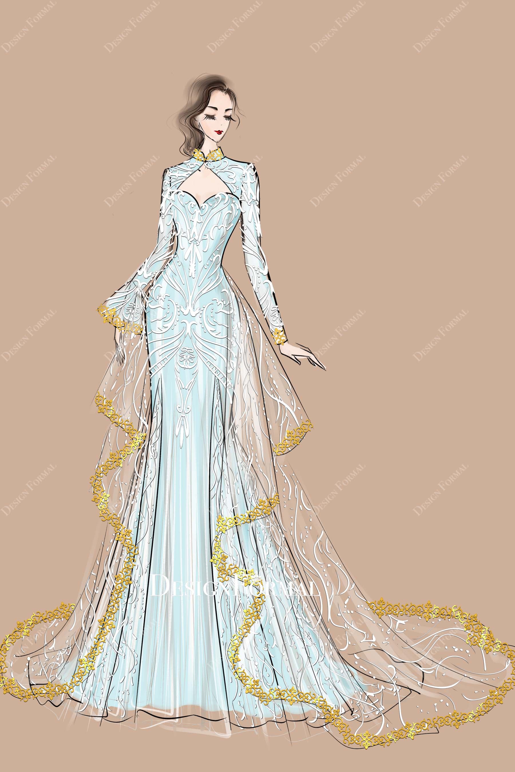 Designer Lace Overlay Sky Blue Mermaid Wedding Dress Sketch