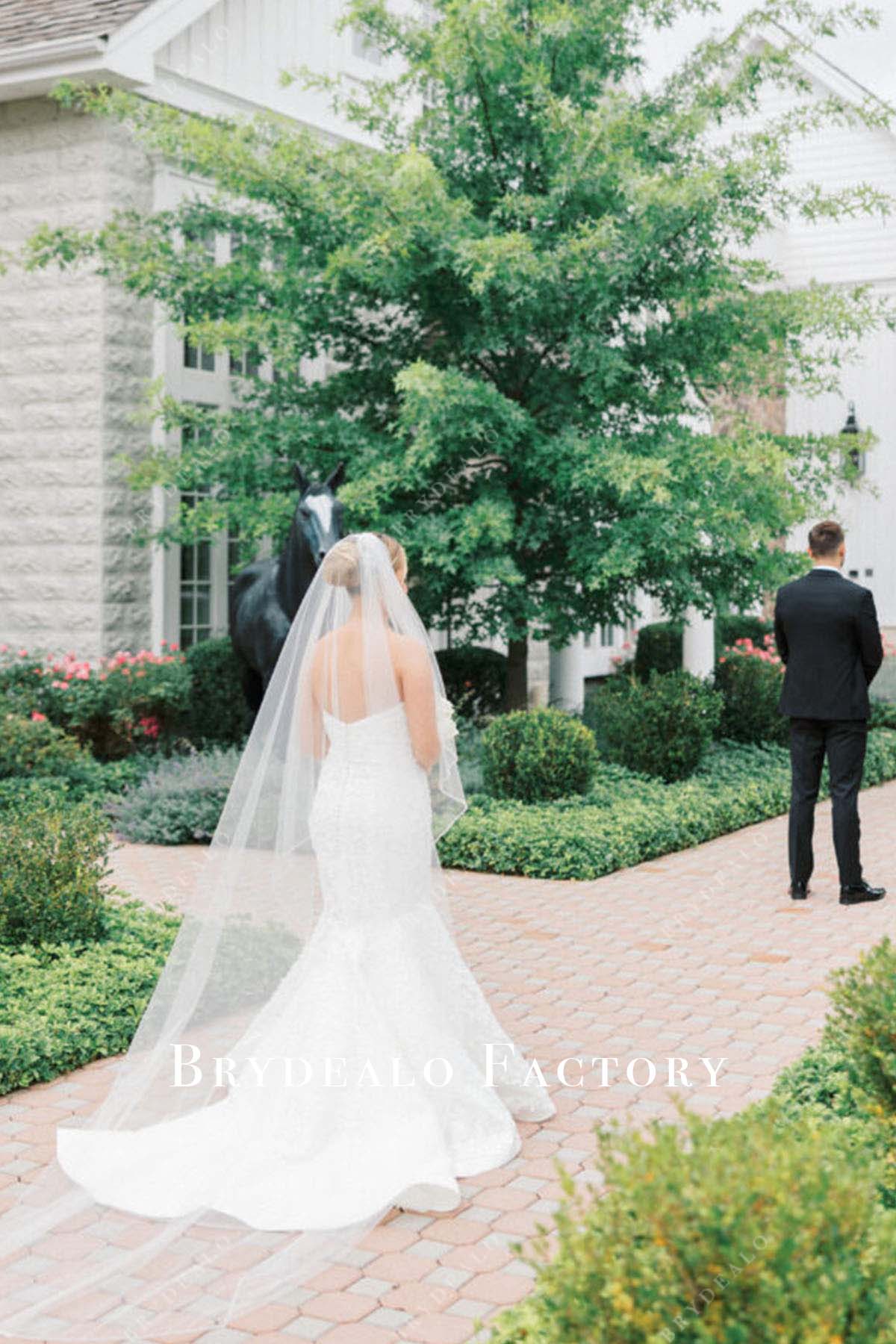 lace strapless trumpet long train wedding dress