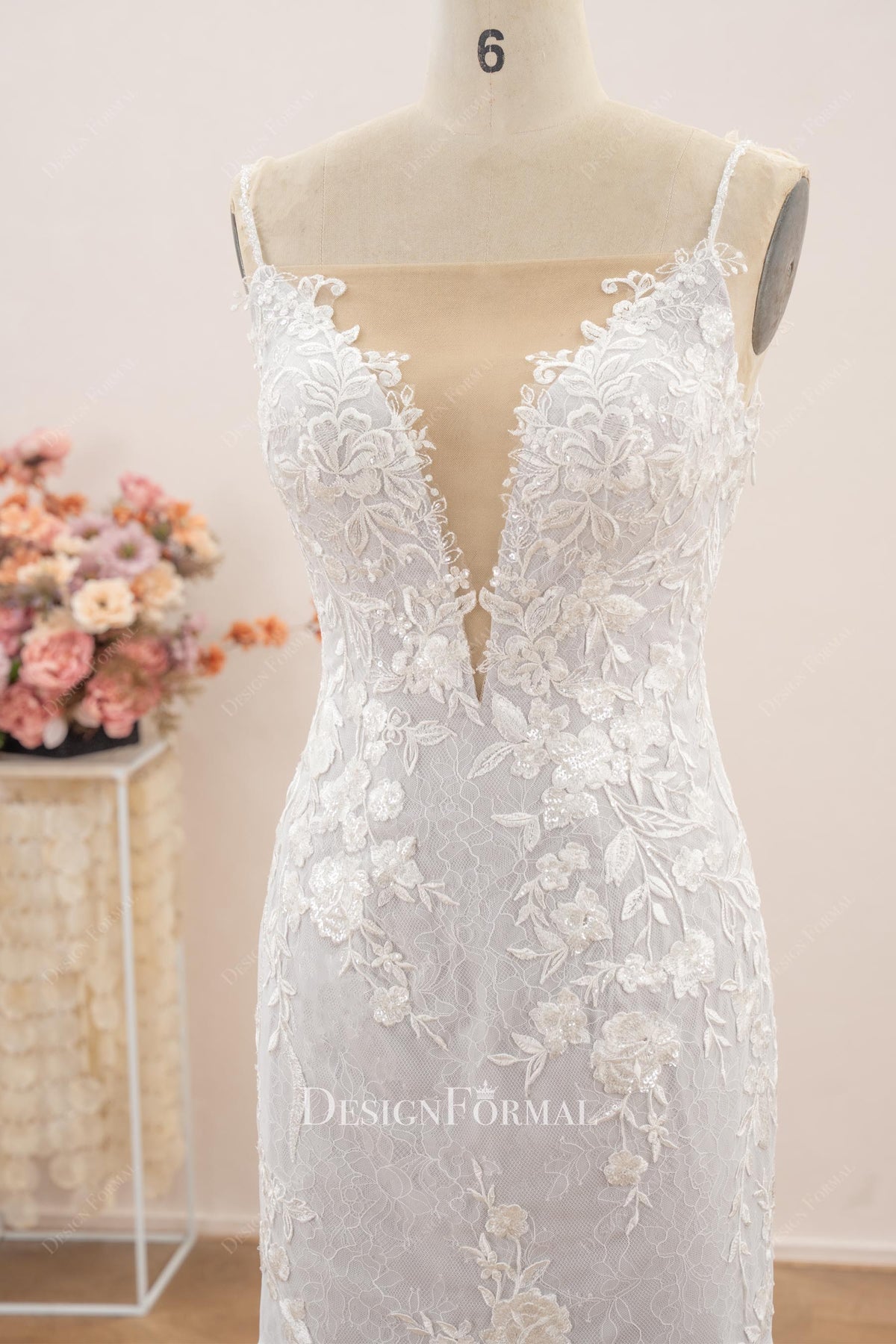 lace straps plunging mermaid wedding dress