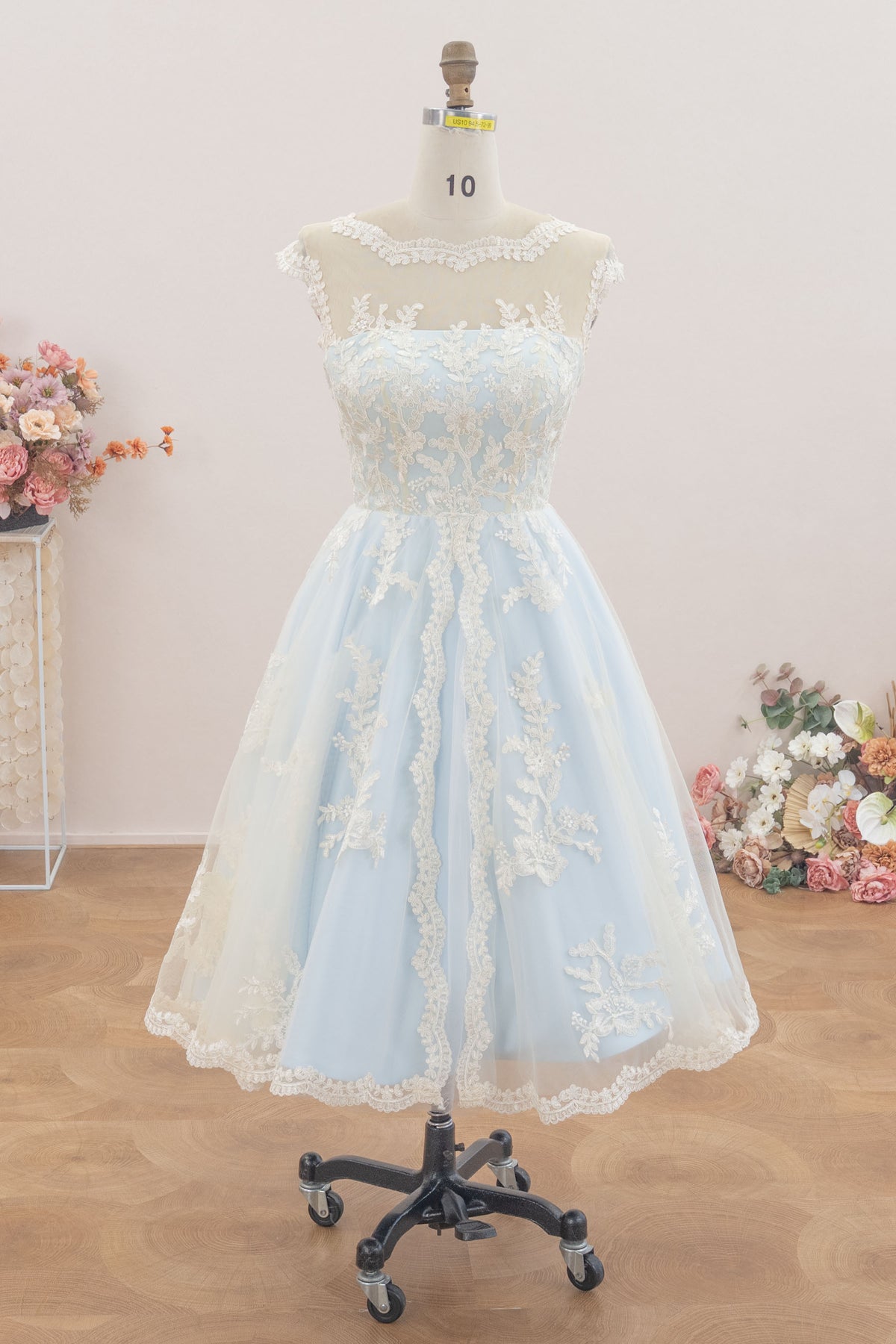lace tea-length blue wedding dress