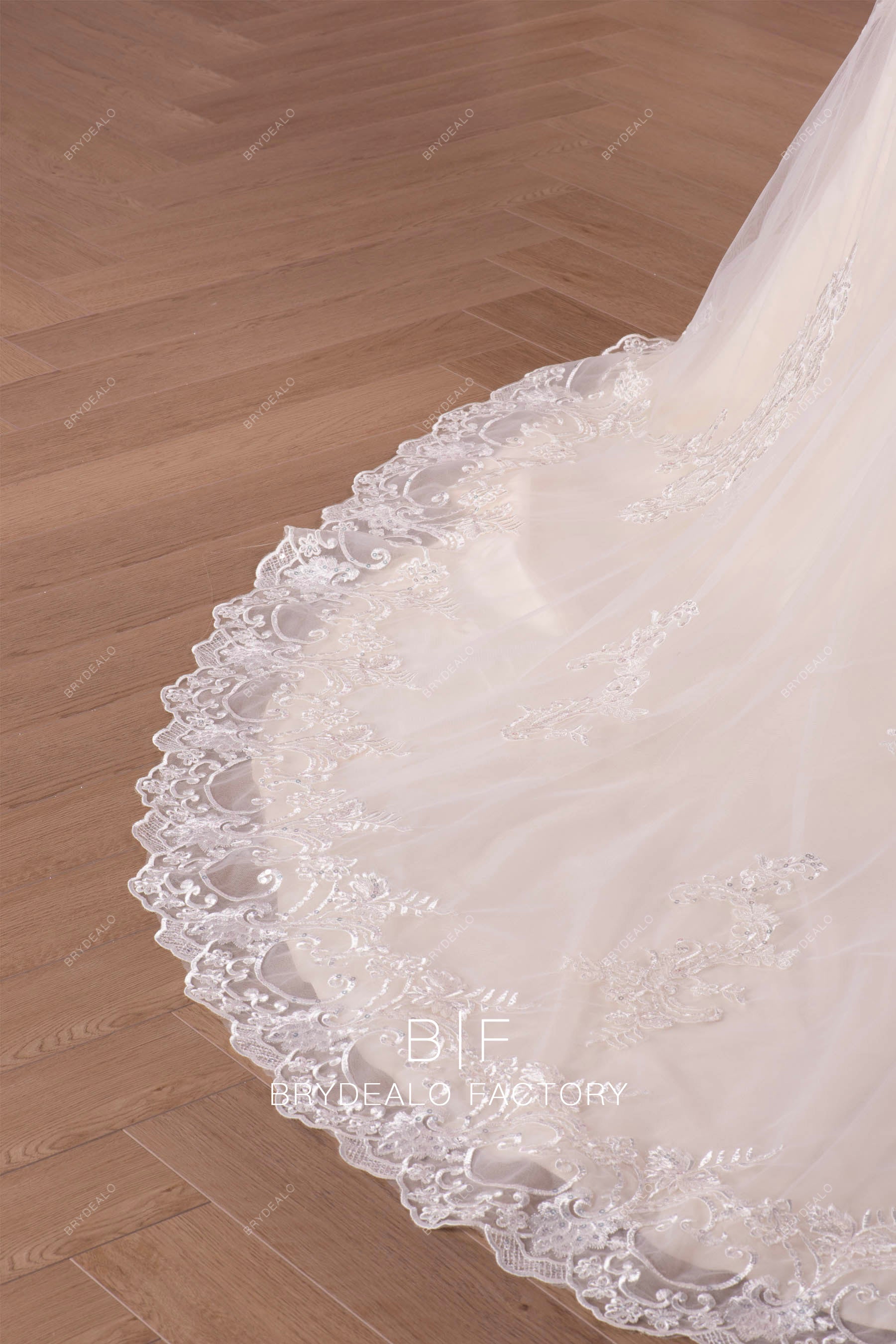 elegant scalloped lace long train wedding gown