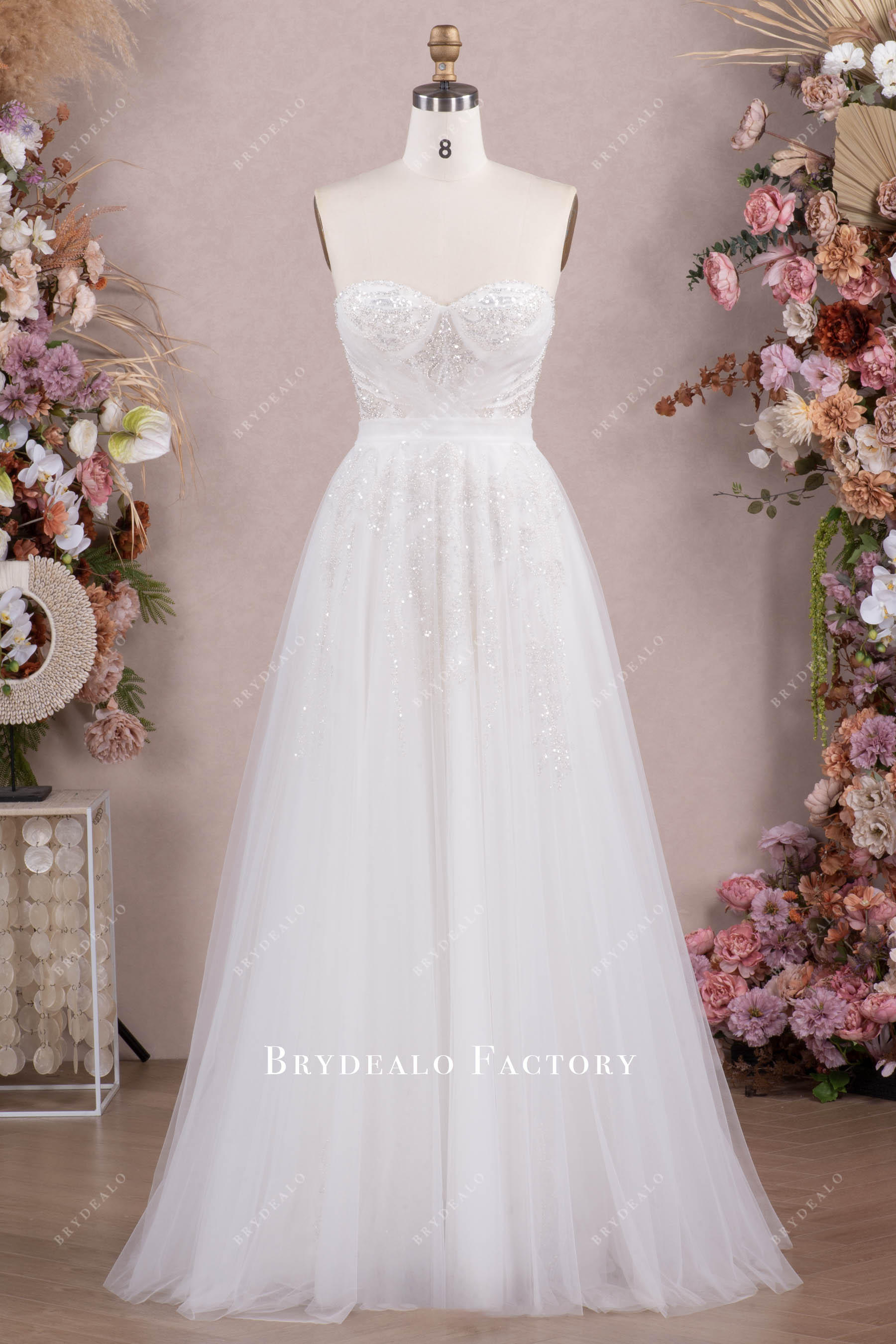 lace tulle pleated corset A-line wedding dress