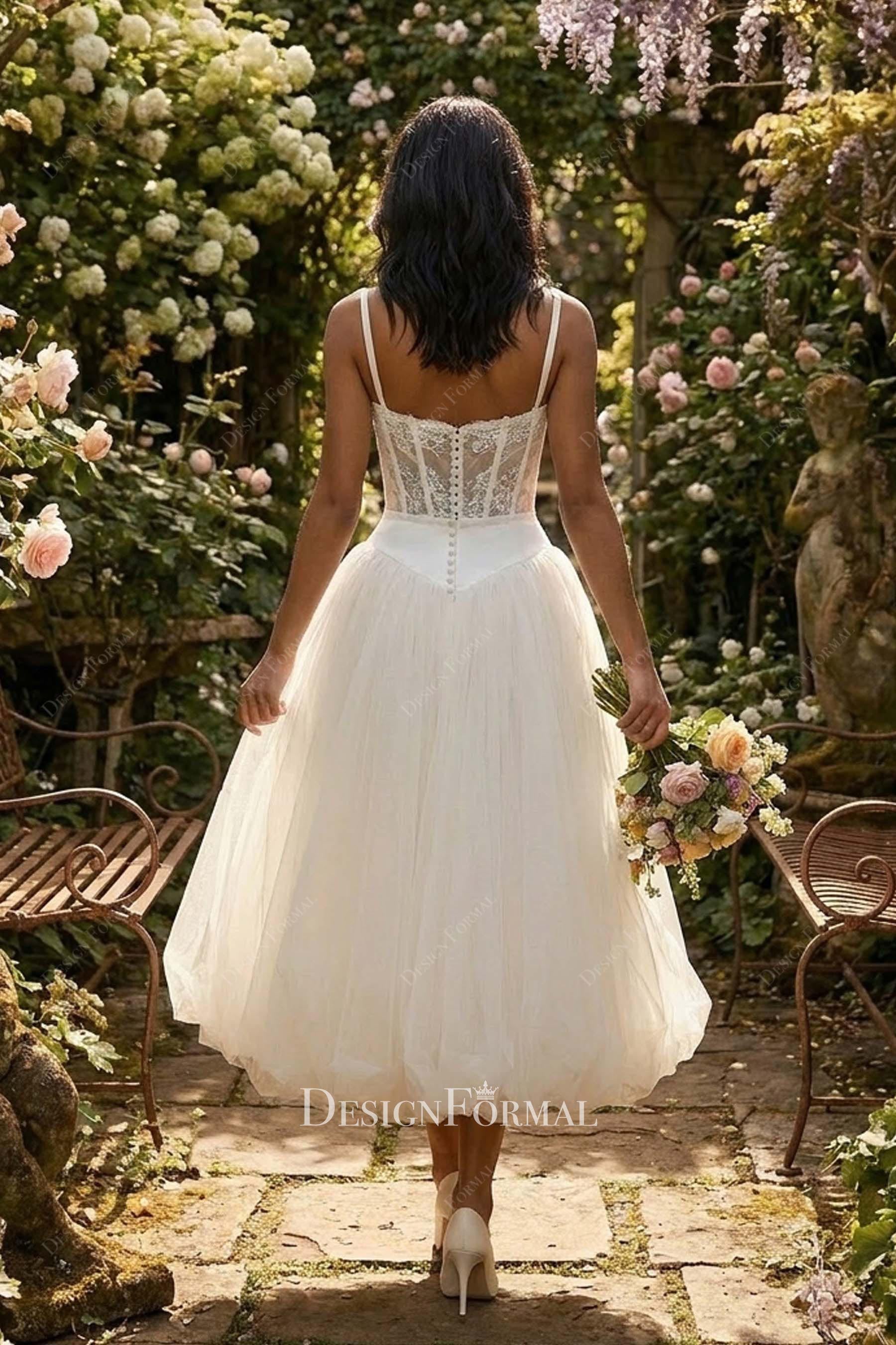 lace tulle tea length wedding dress