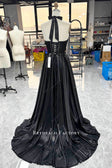 Glamorous Black Pearl Choker Ruffled Organza Sleeves Prom Dress DP7522