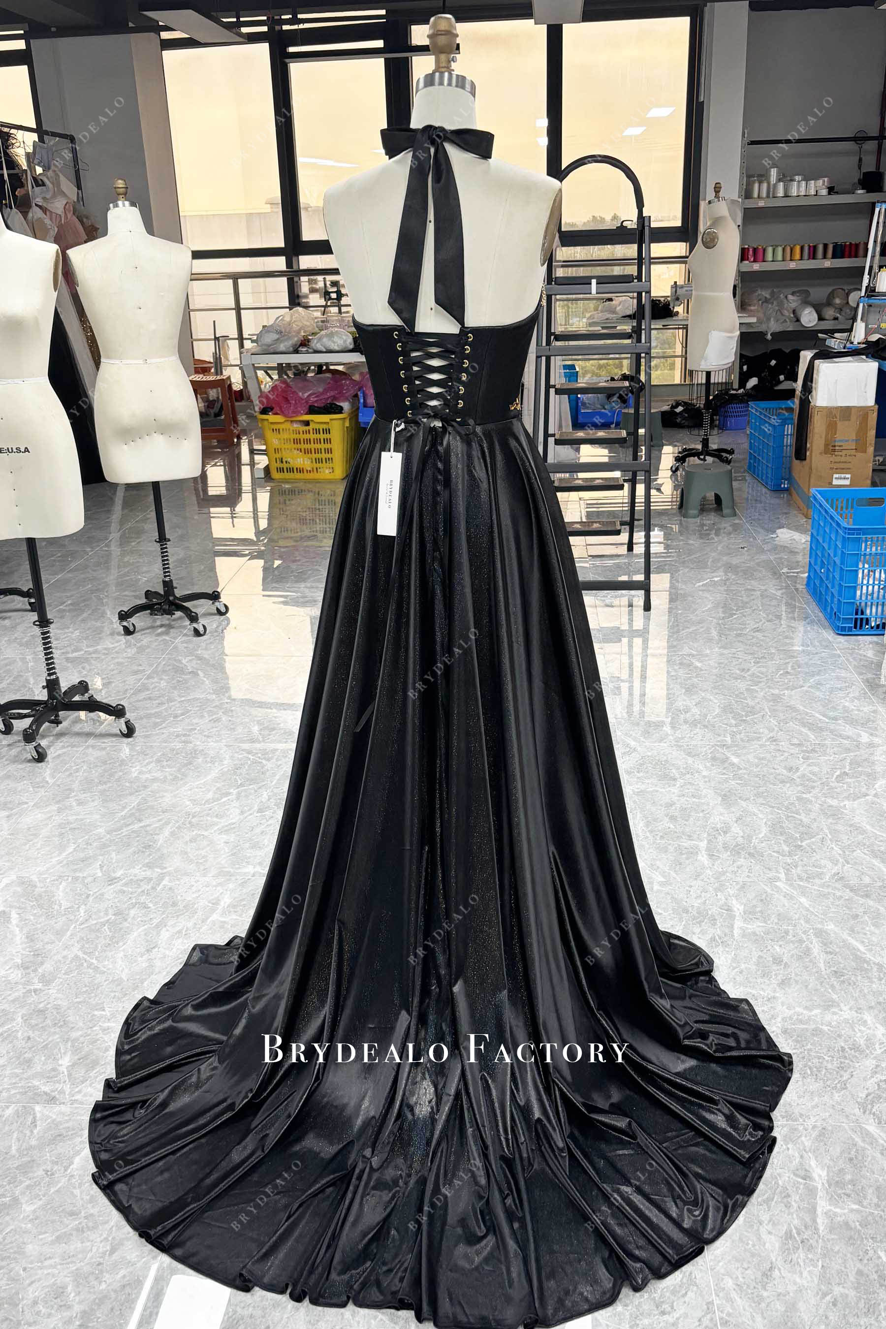 lace up back black shimmery prom dress