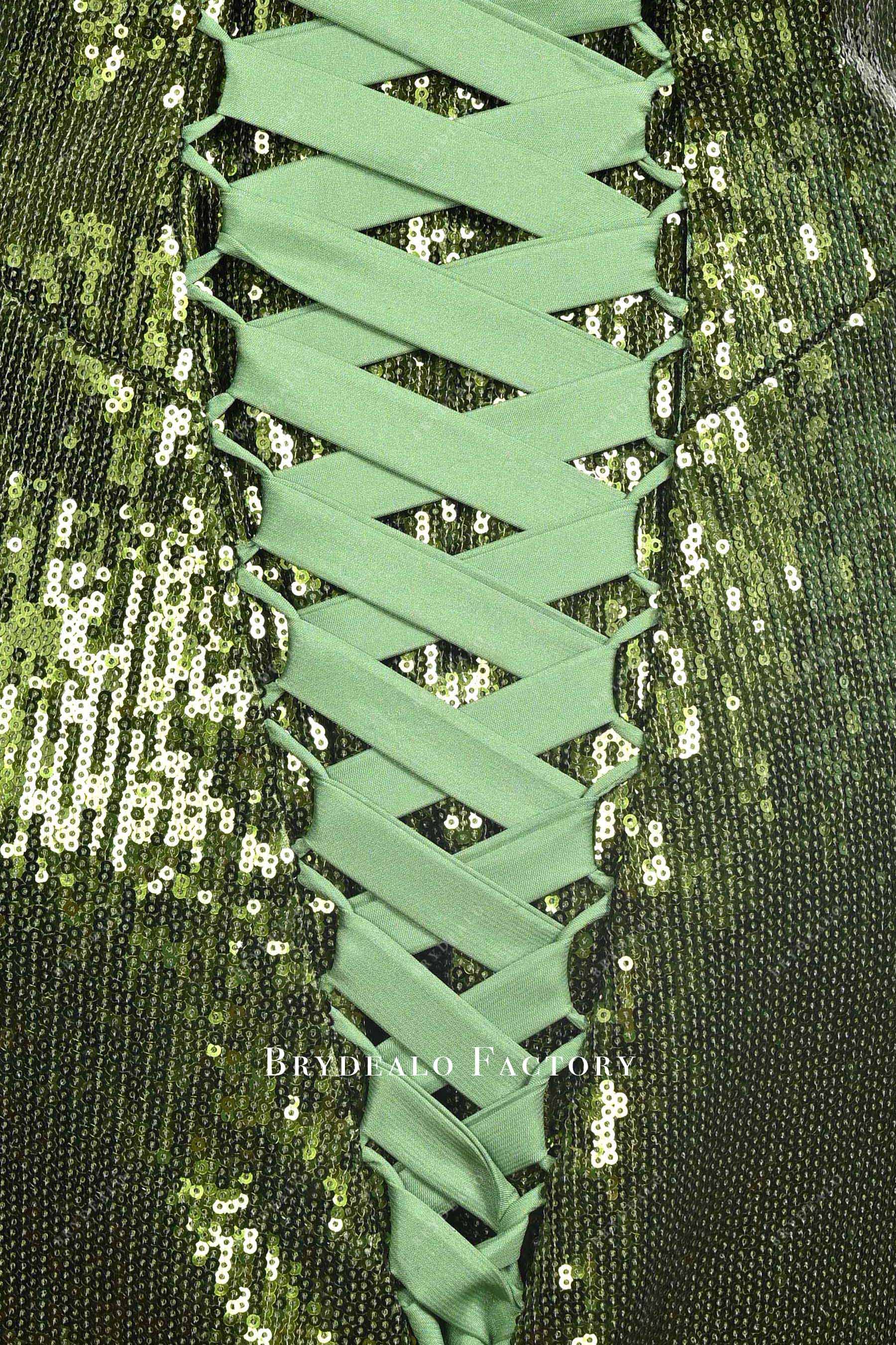 lace up back olive green prom dress