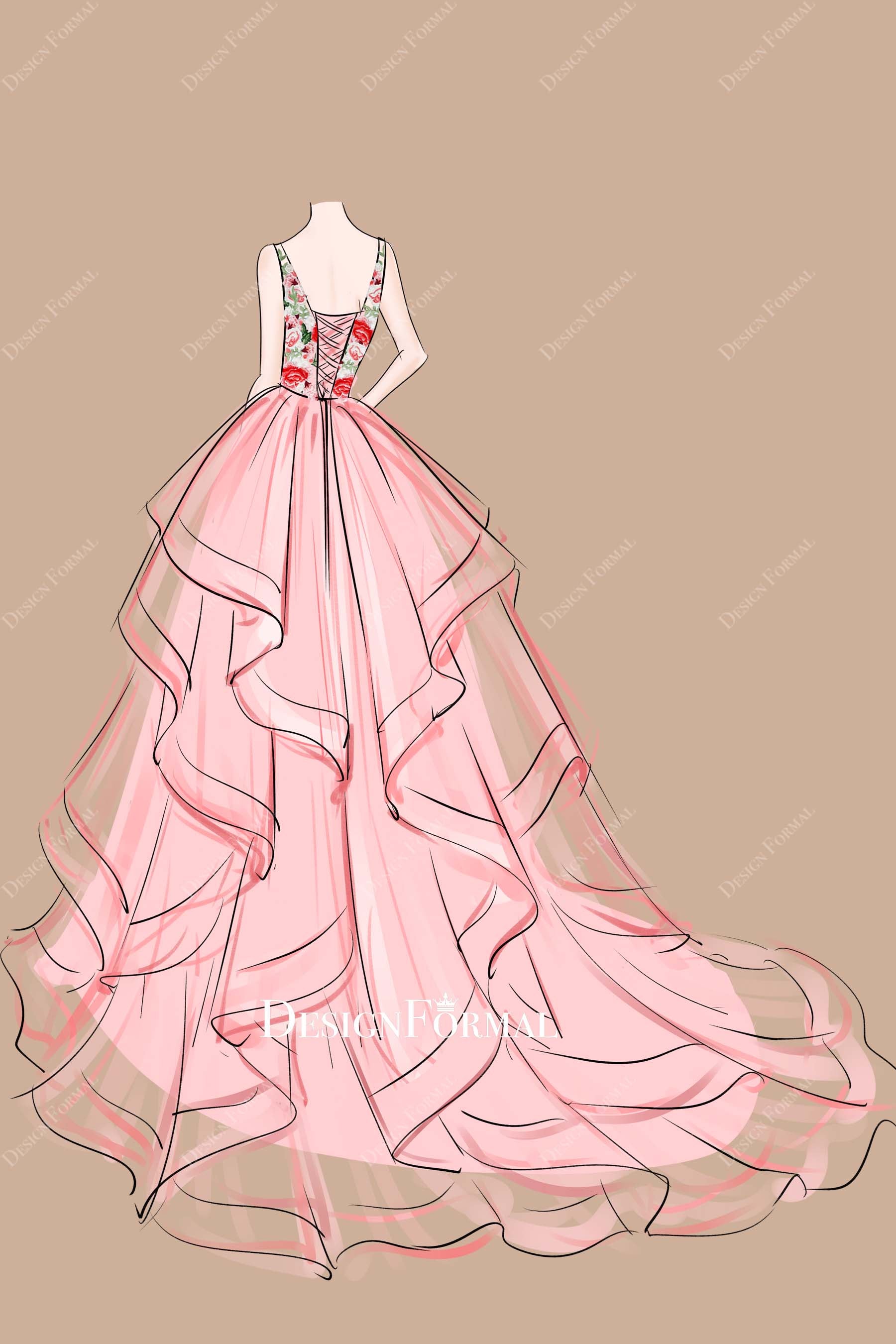 lace up corset back ruffled ball gown formal dress sketch