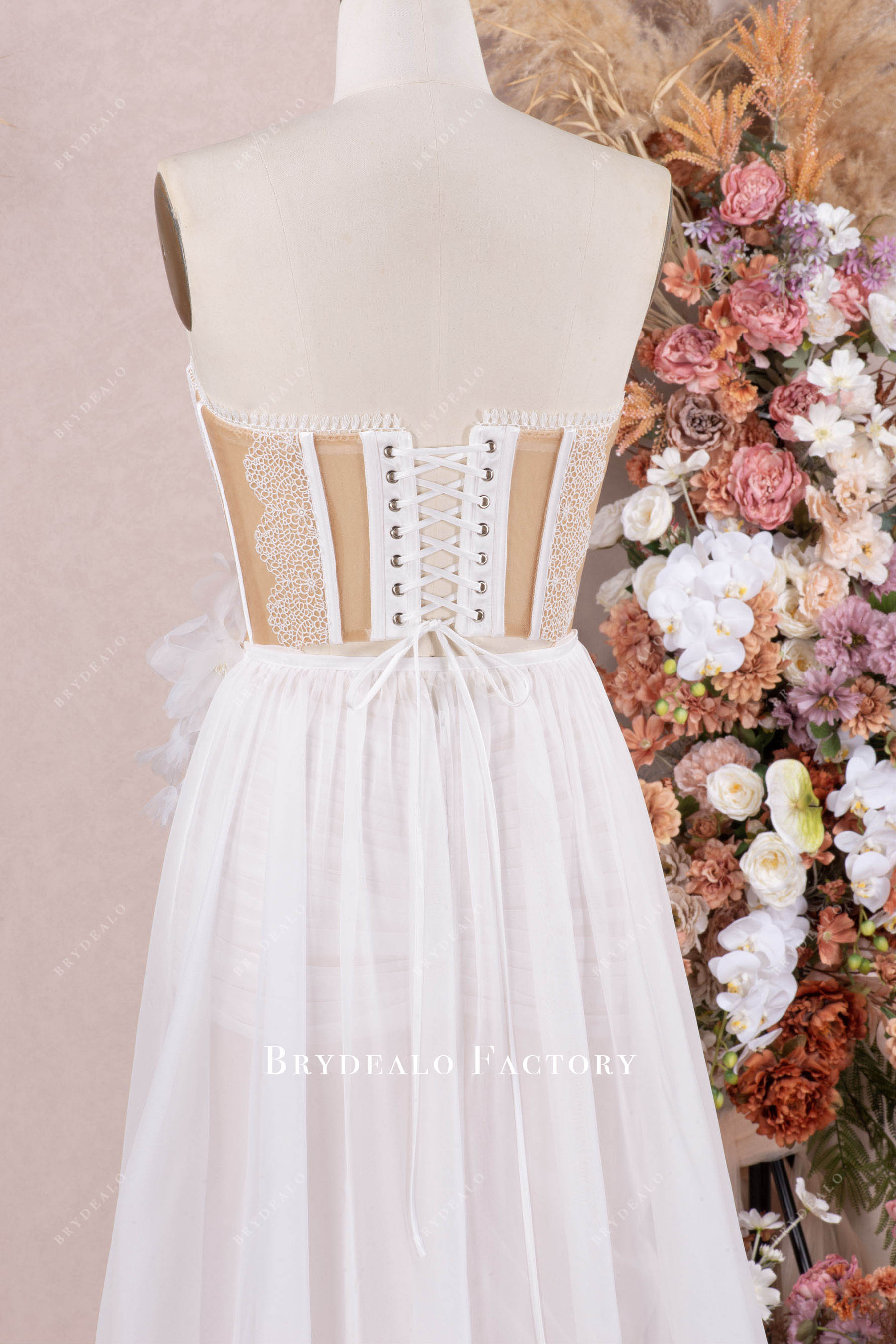 Strapless Illusion Corset Slit Chiffon 2 In 1 Beach Wedding Dress