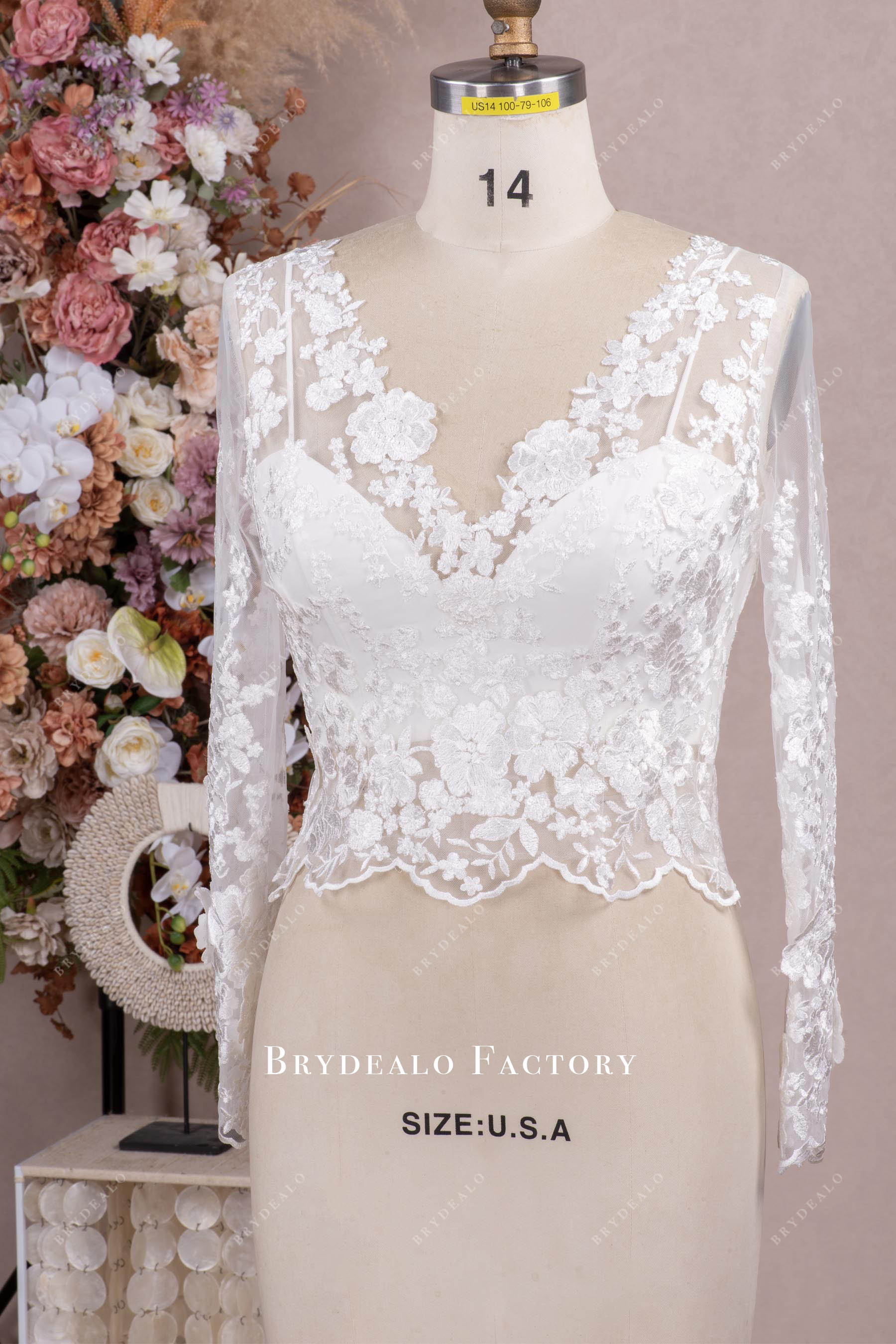 lace V-neck long sleeve bridal top