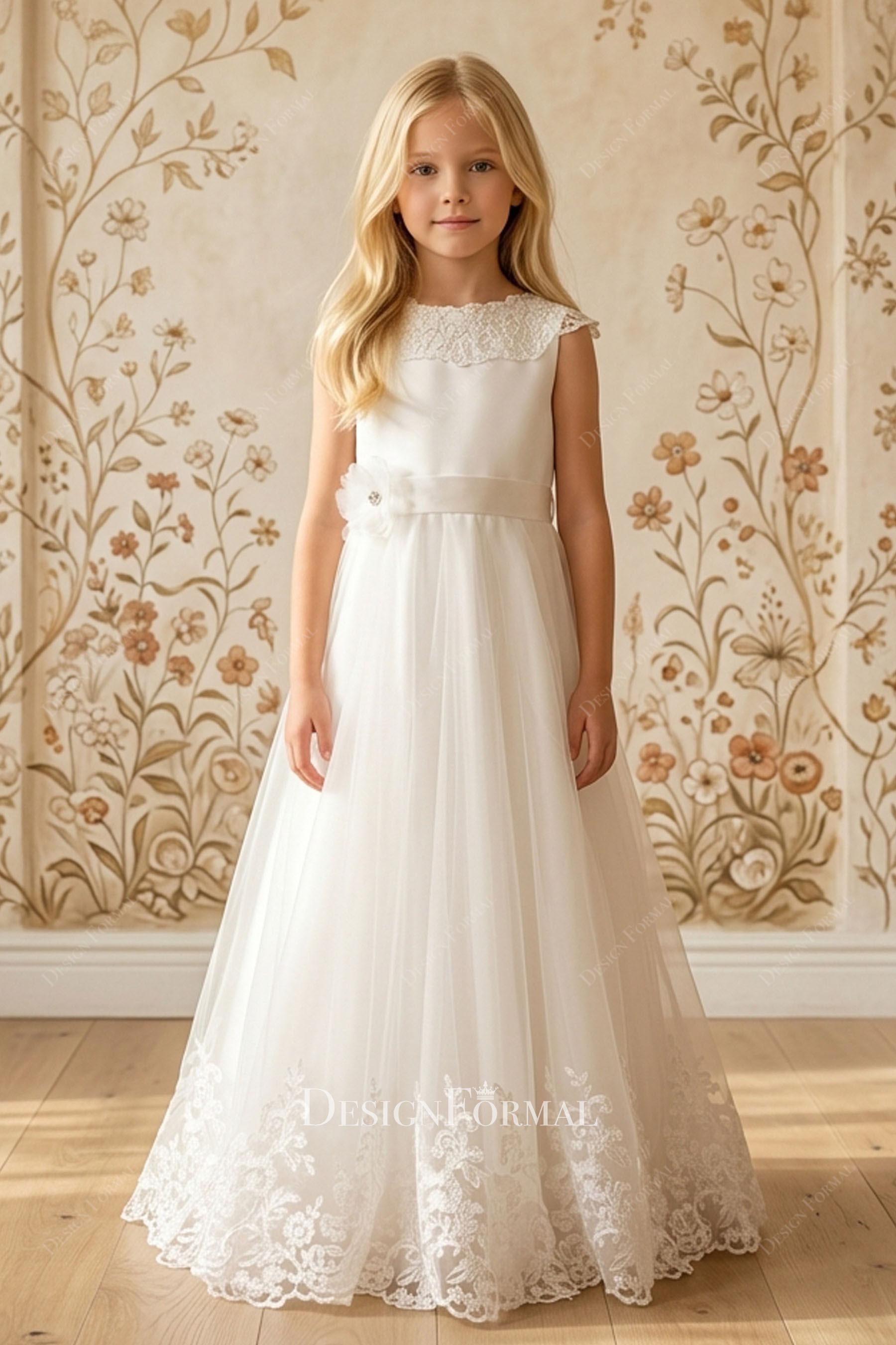 lace white tulle a line flower girl dress