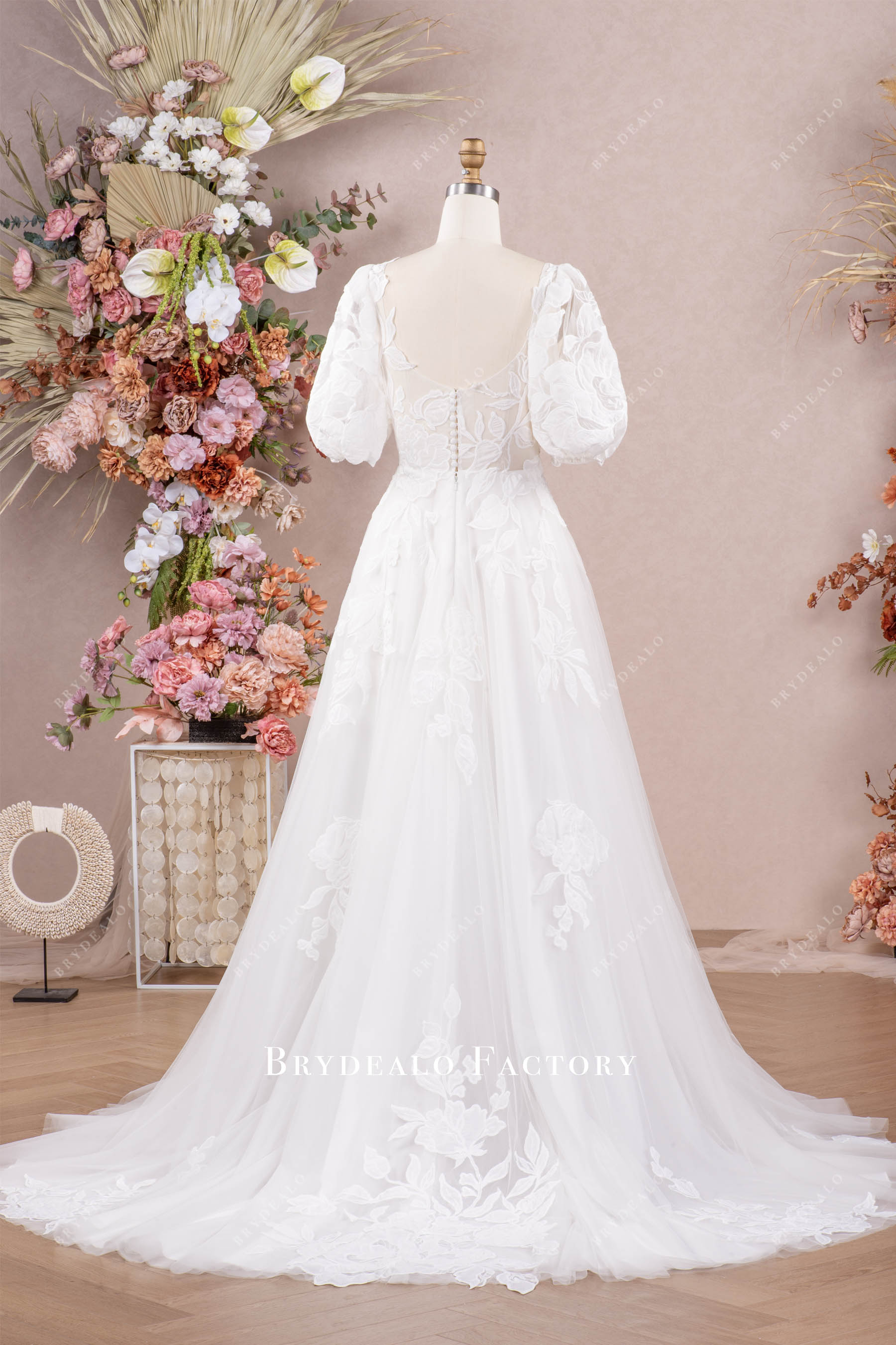 white large flower original long train wedding gown