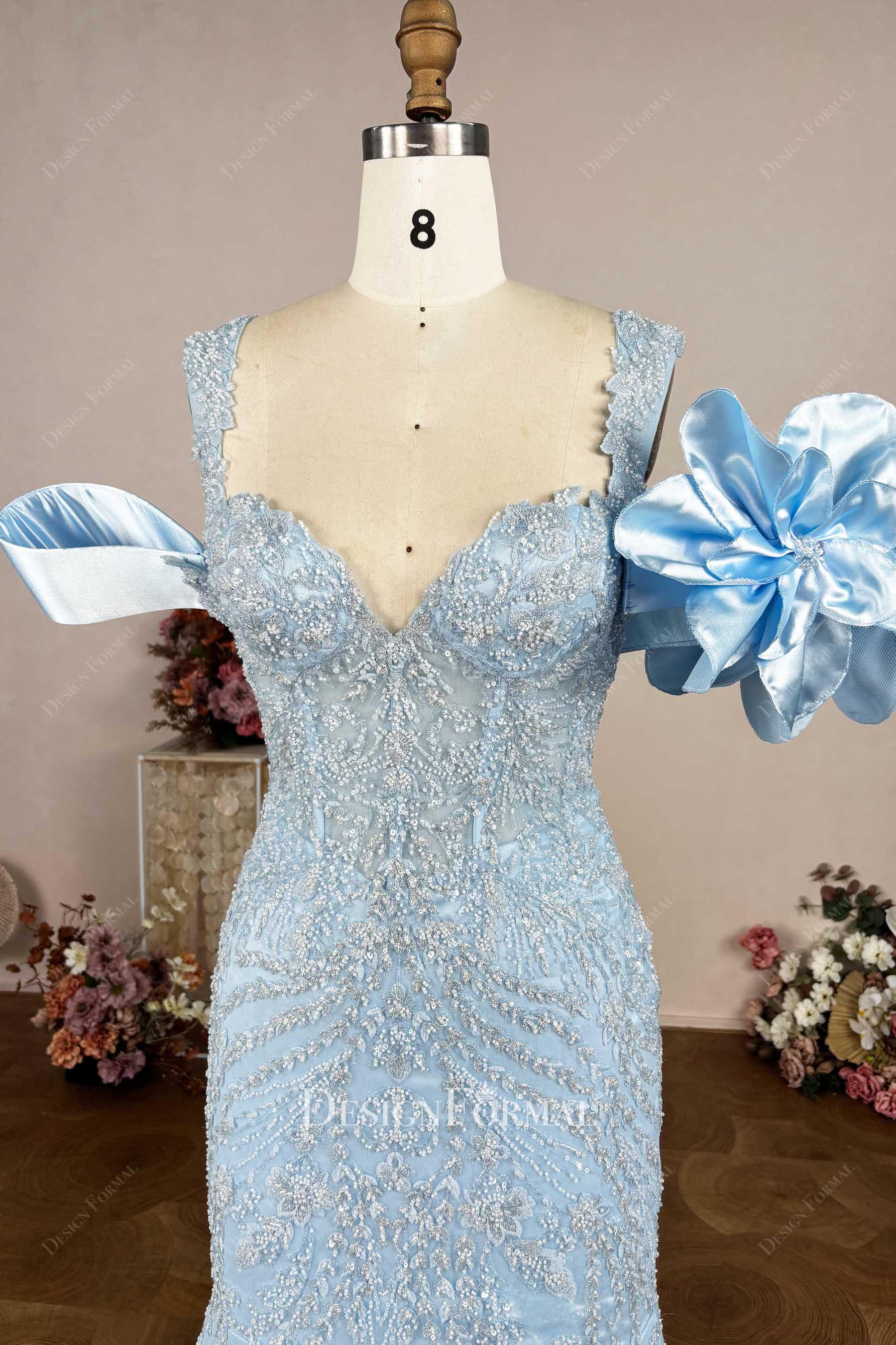 large flower straps prom dress