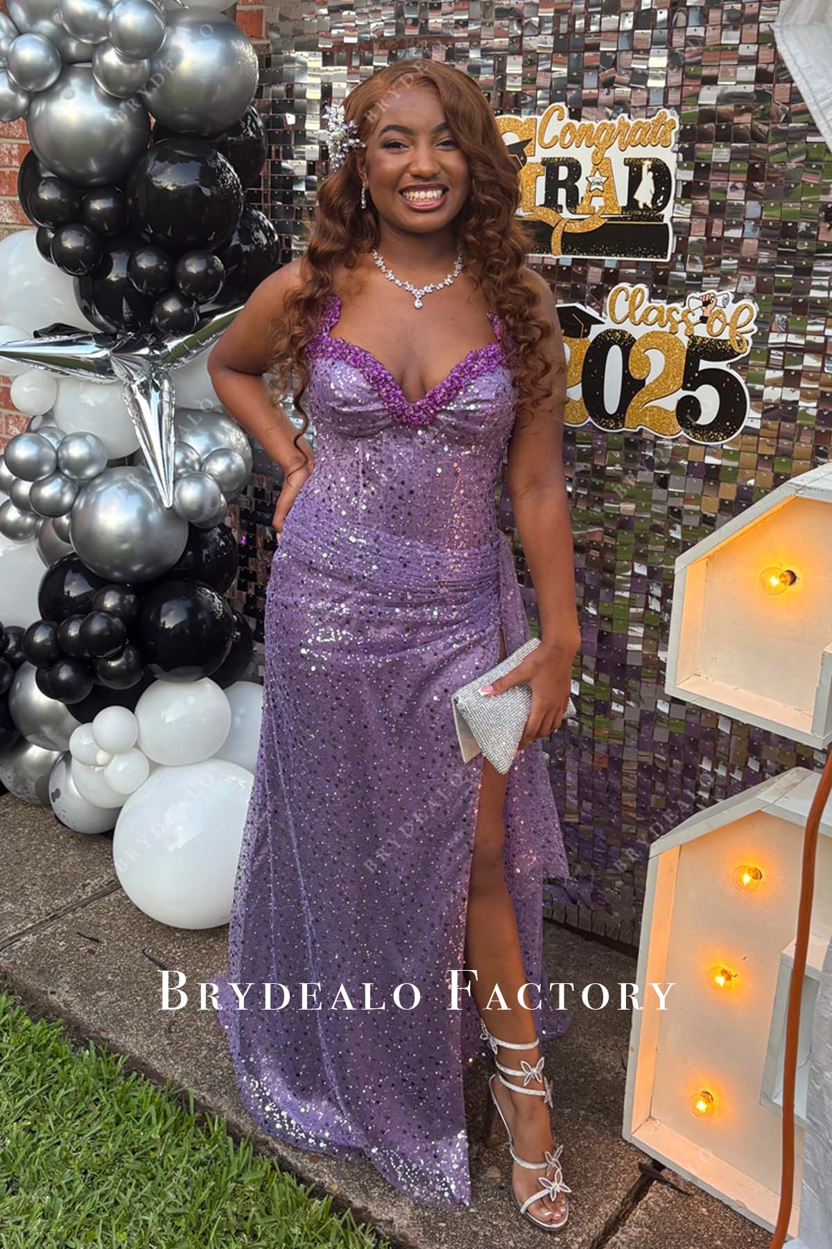 lavender crystal plunging neck slit sheath prom dress