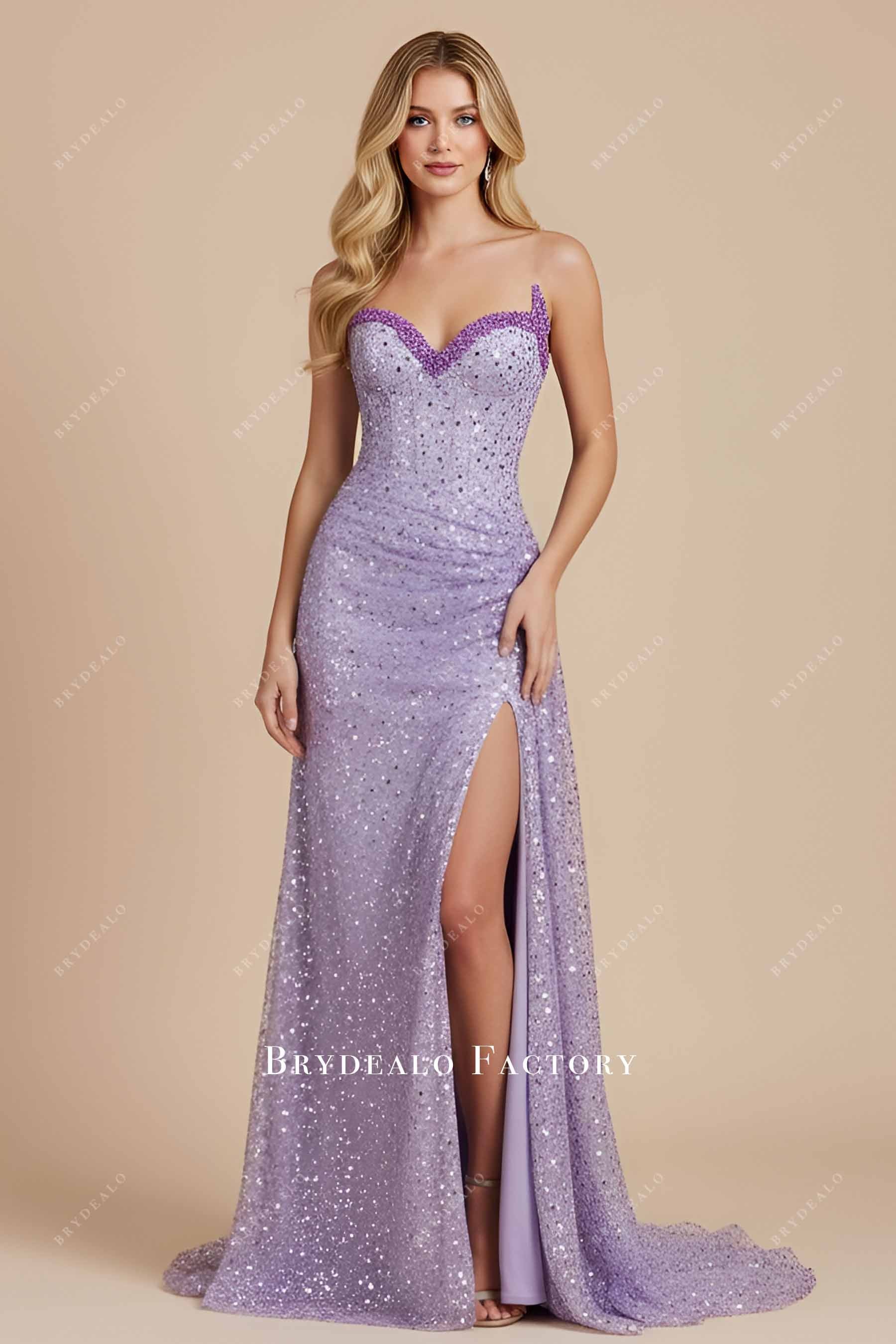 lavender high slit sparkly prom dress