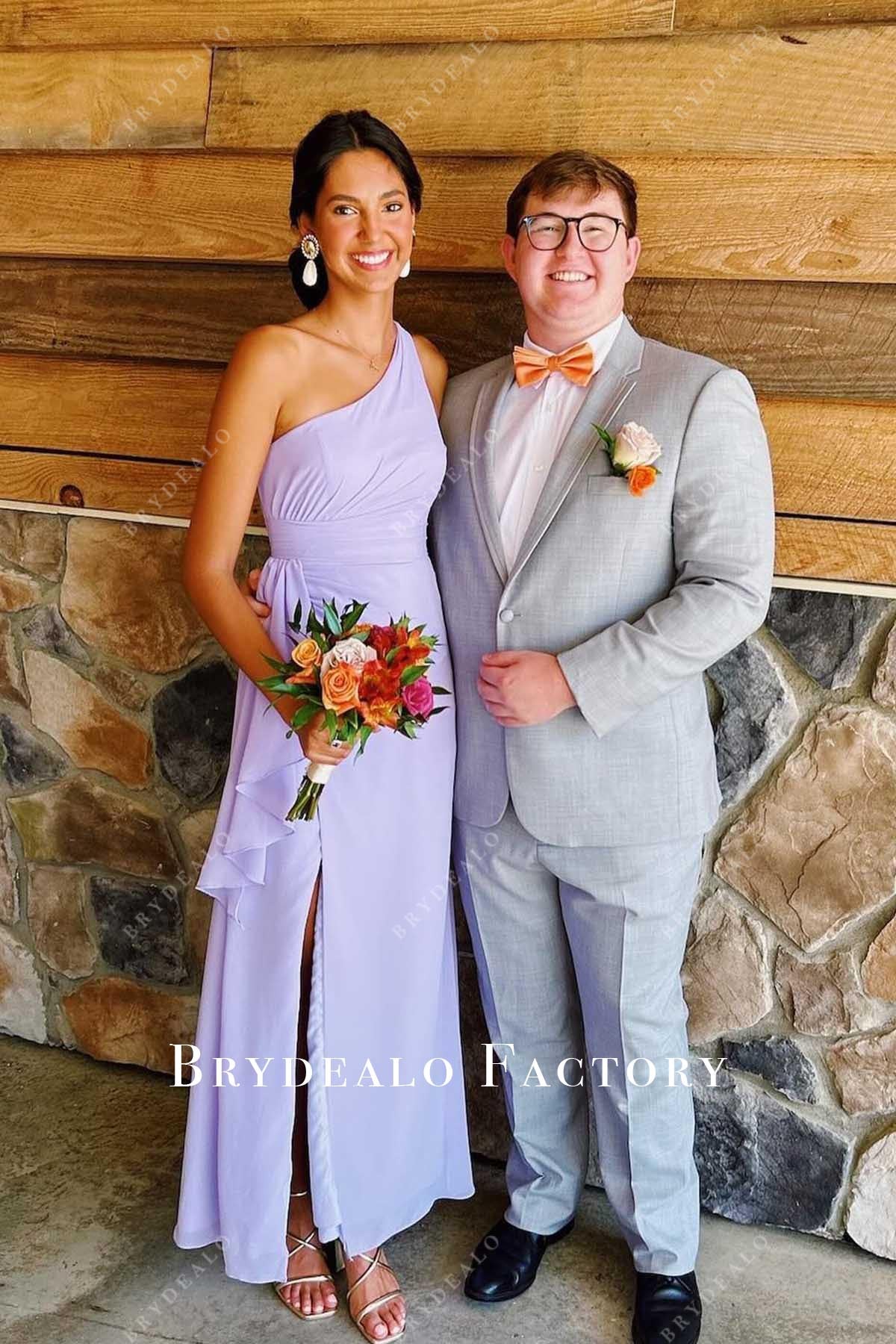 lavender one shoulder sash prom dress