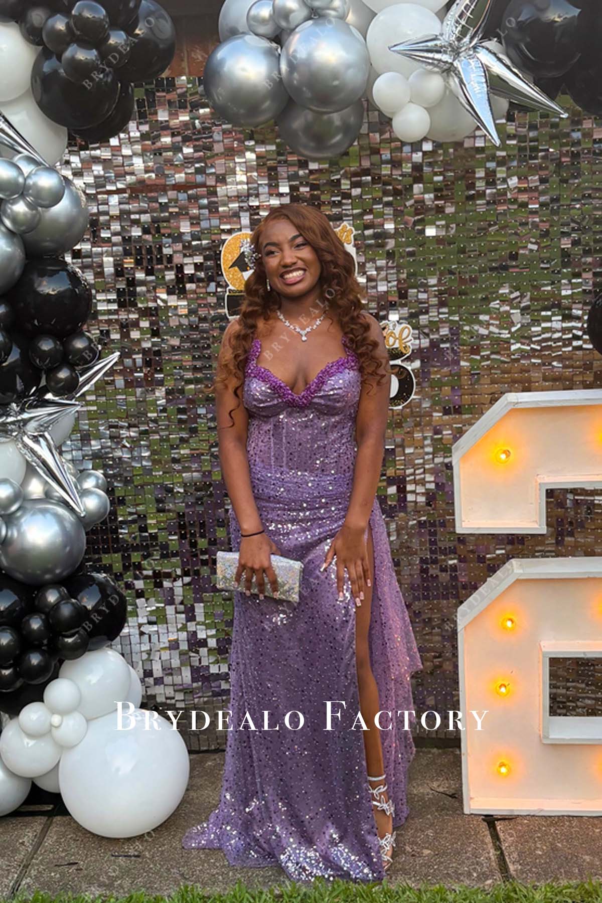 lavender sequin crystal prom dress
