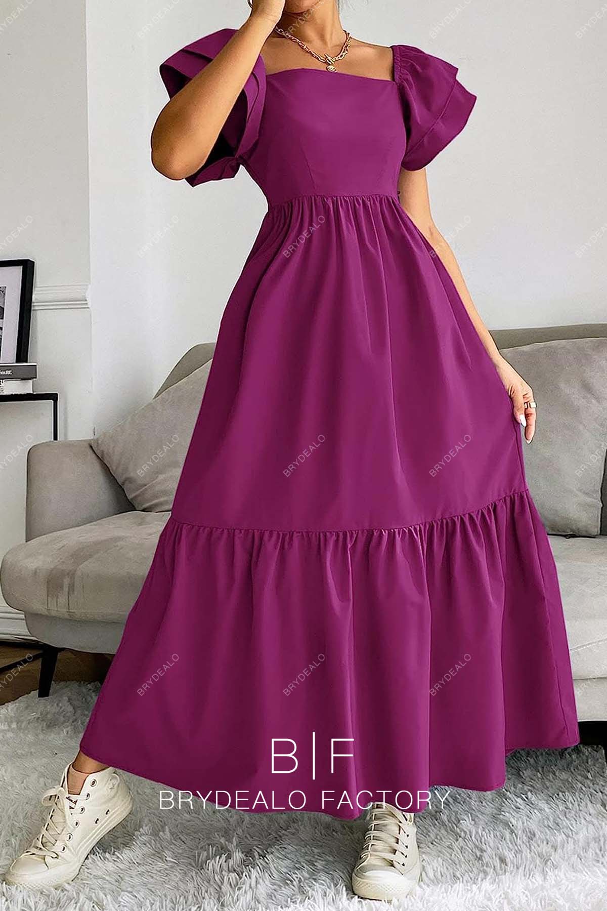 Layered Sleeves Raspberry Tea Length Homecoming Dress
