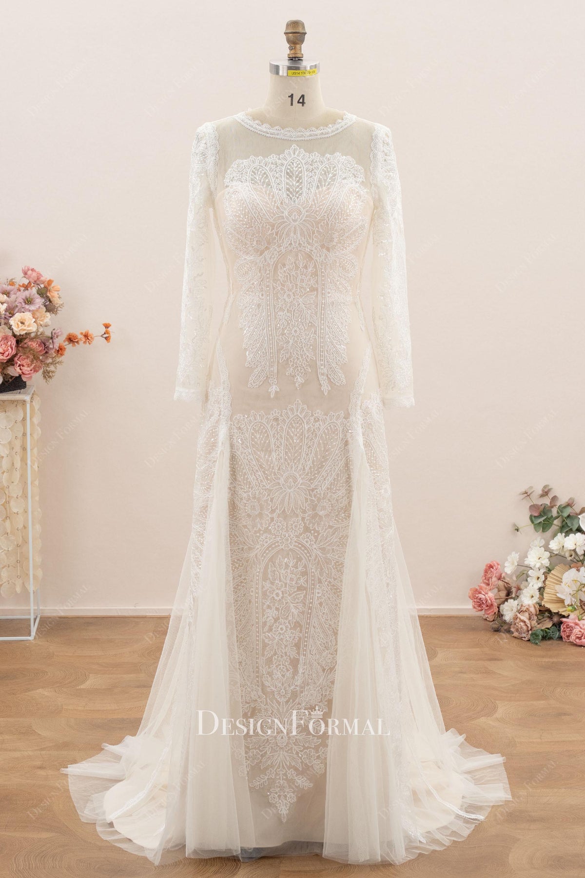 light champagne illusion sleeves bridal dress