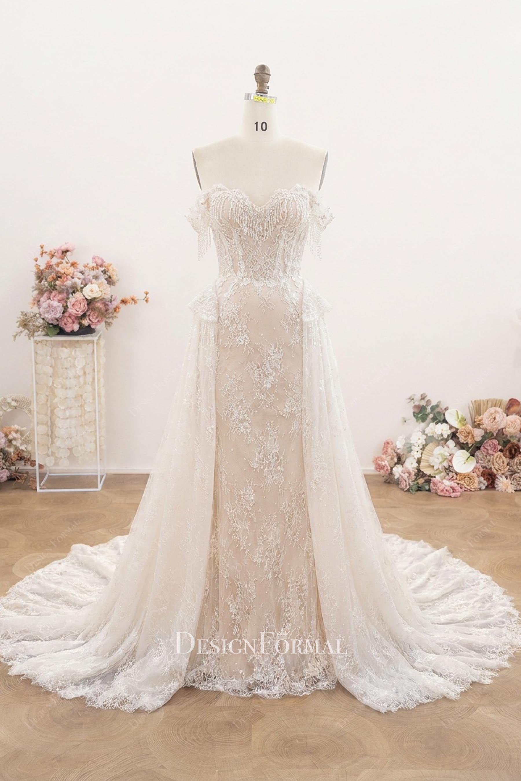 Modern Luxury Lace Crystal Tassel Mermaid Wedding Dress
