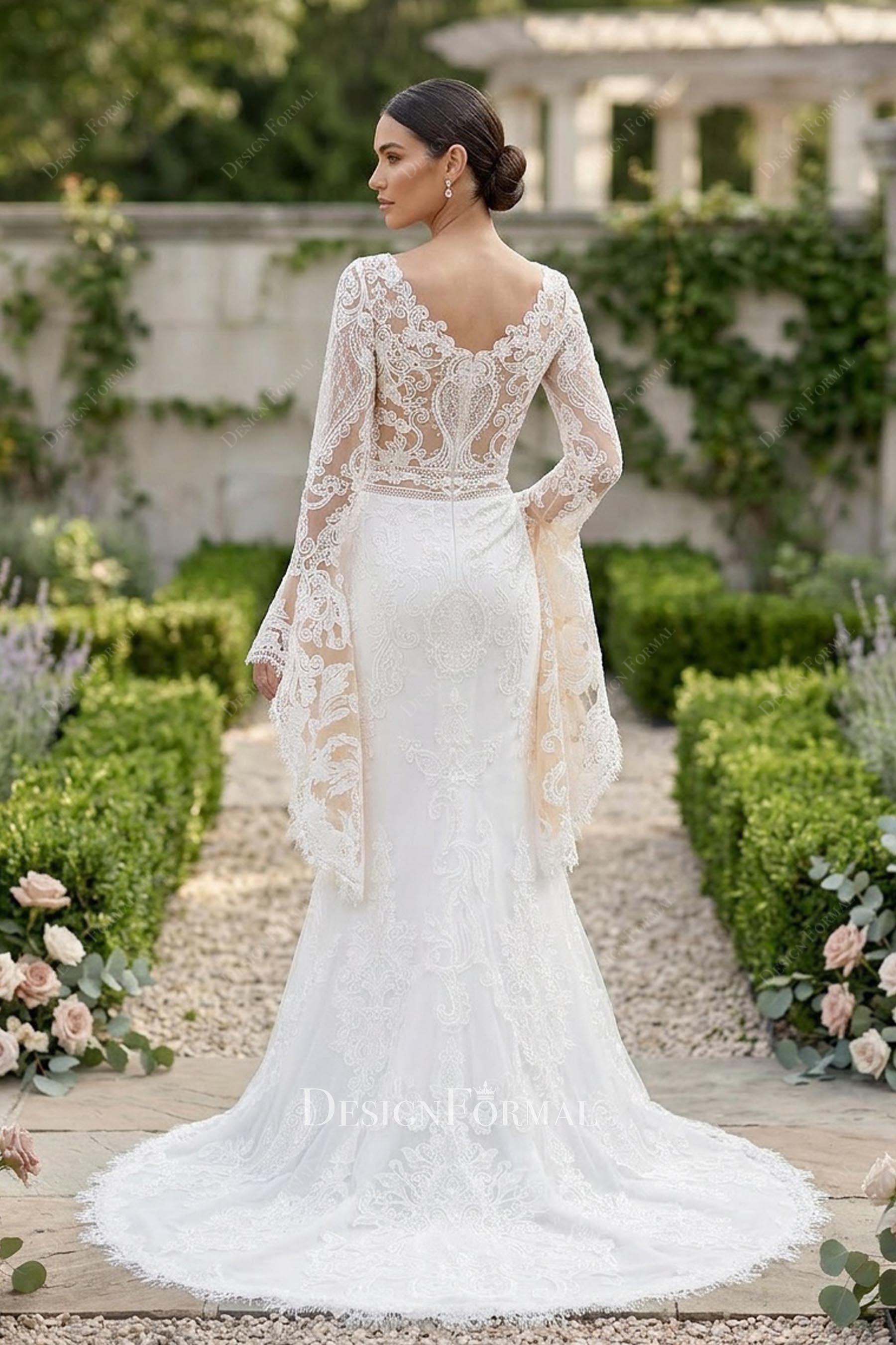 light ivory lace chapel train bridal dress