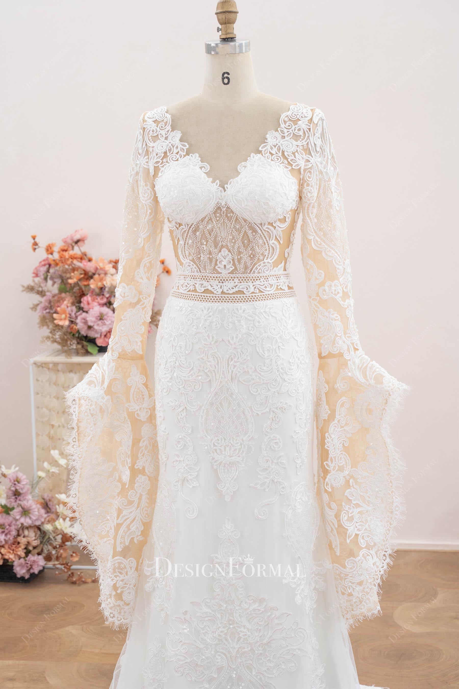 light ivory lace illusion bell sleeve bridal dress