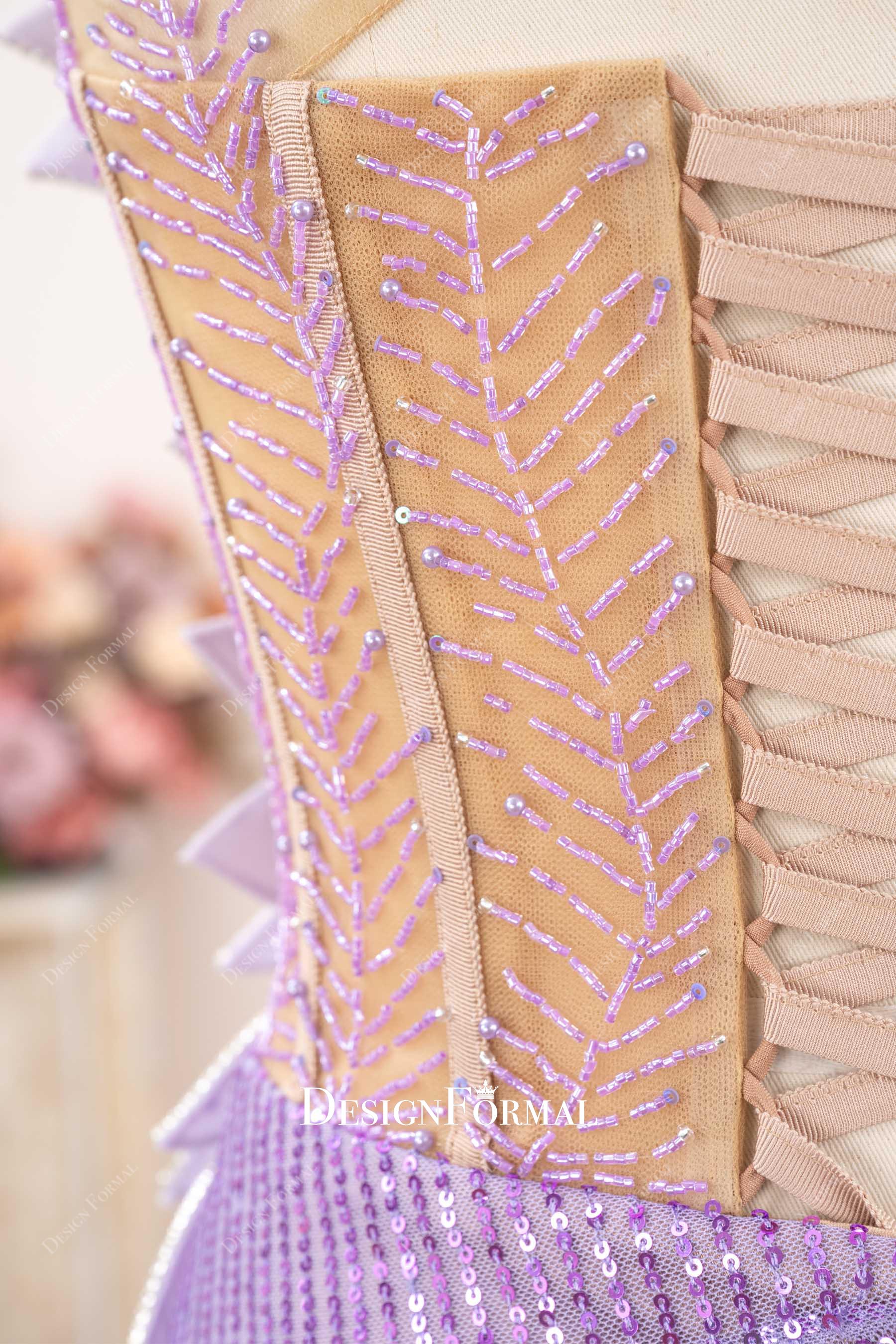 lilac beaded back prom dress