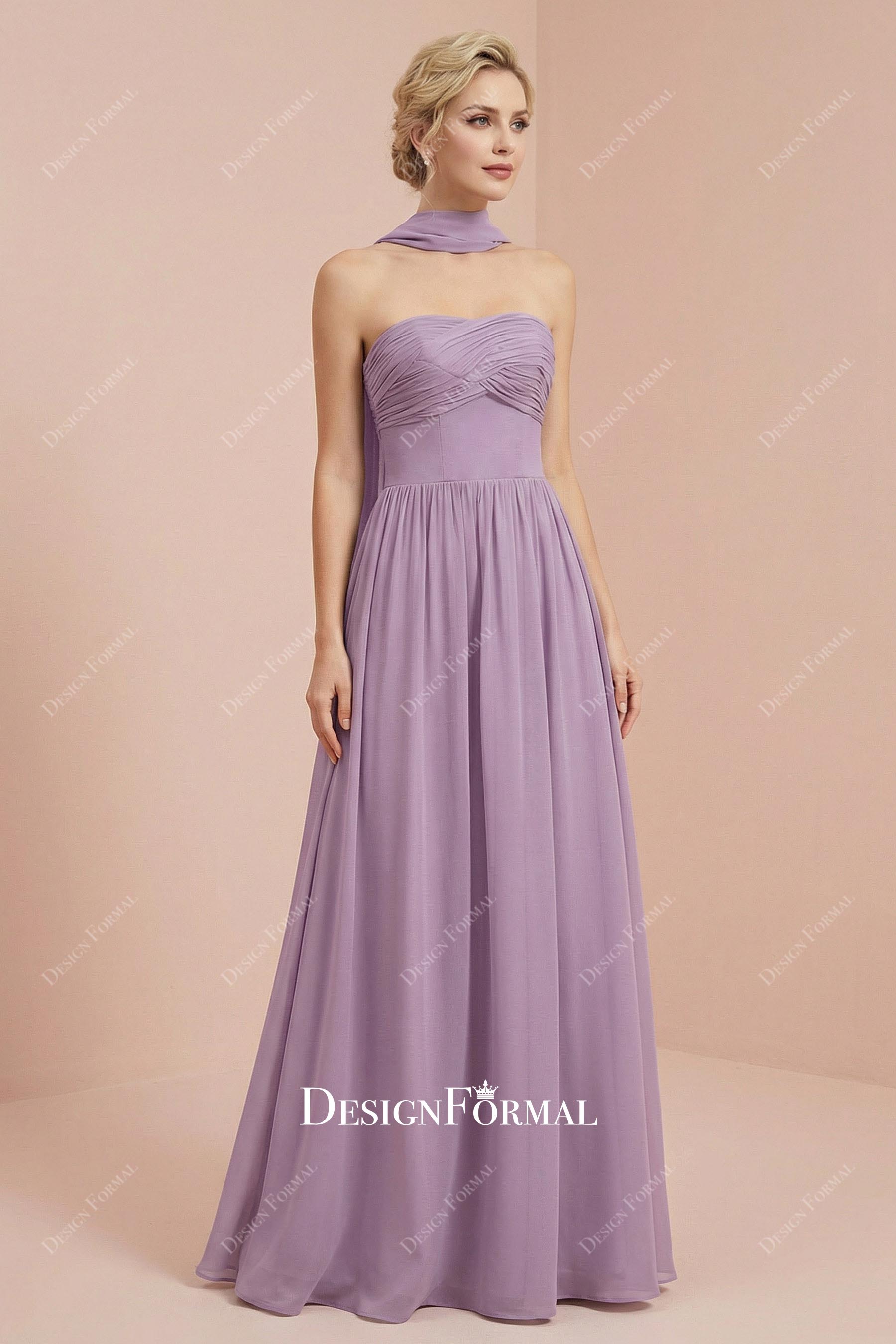 Lilac Pleated Strapless A-Line Floor Length Formal Gown