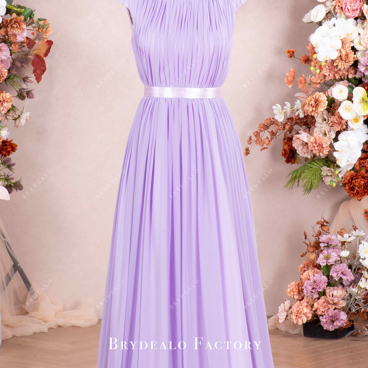 Lilac Cap Sleeve Pleated Chiffon Floor Length Bridesmaid Formal Dress