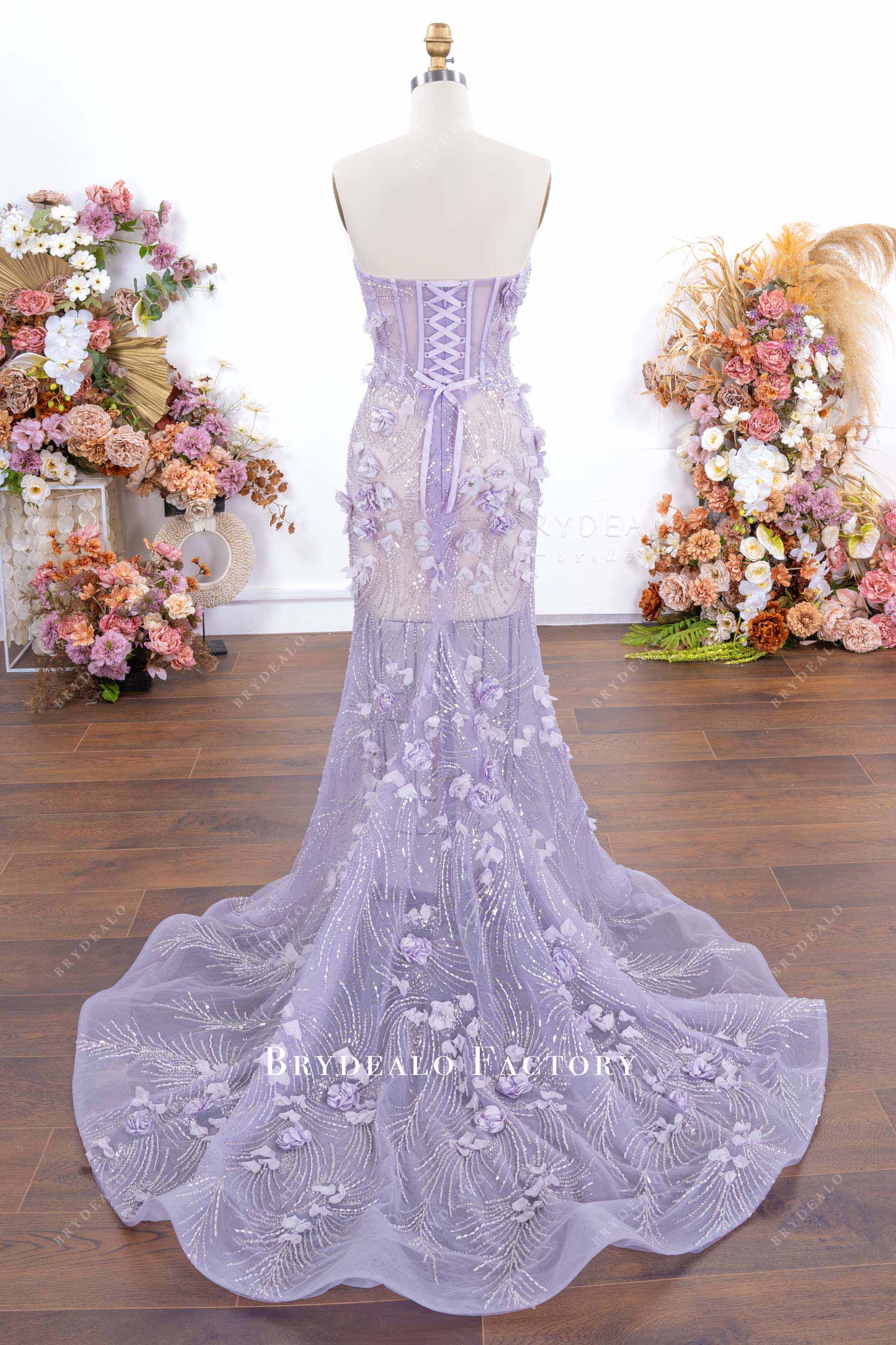lilac illusion train prom dress
