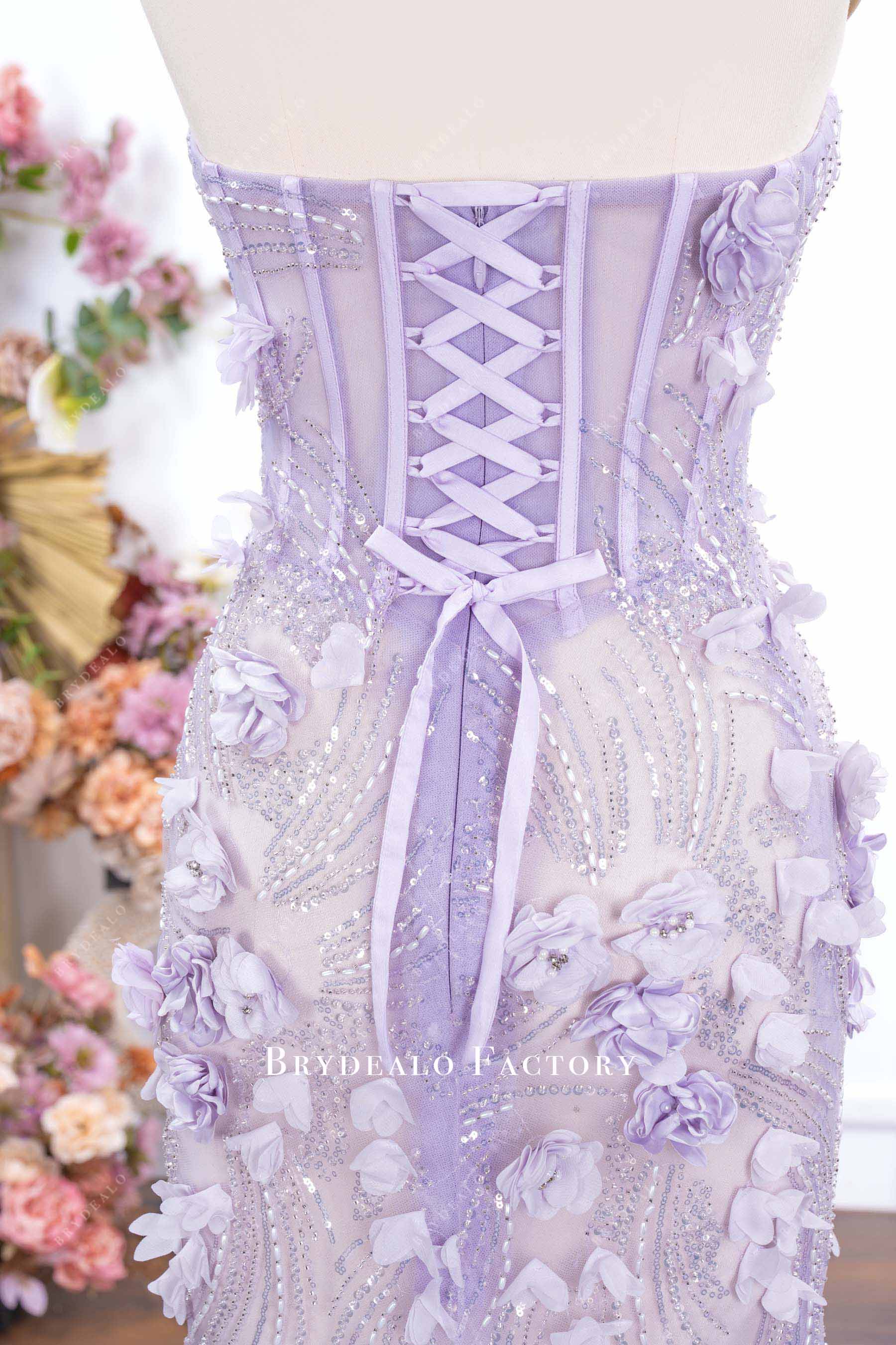lilac lace open back prom dress