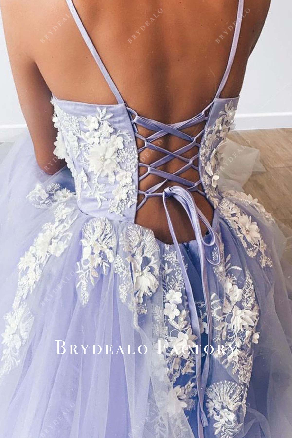 lilac lace up back a line prom dress