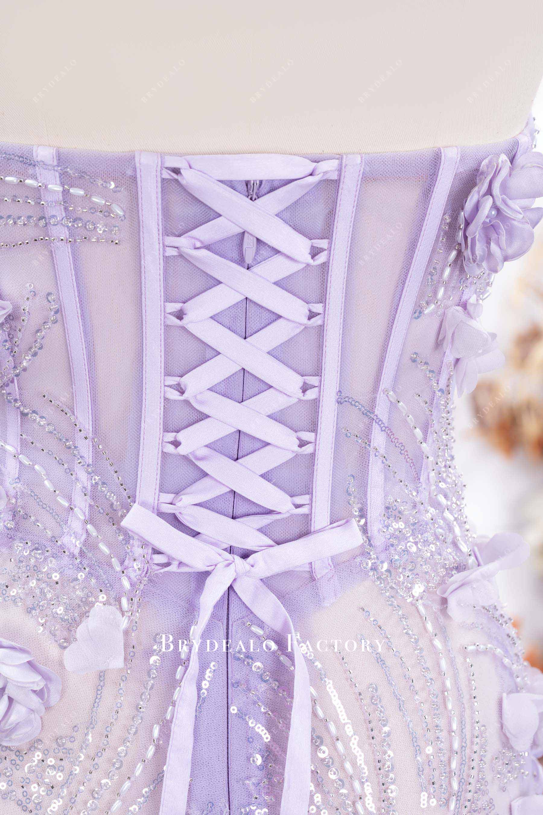 lilac lace up back prom dress