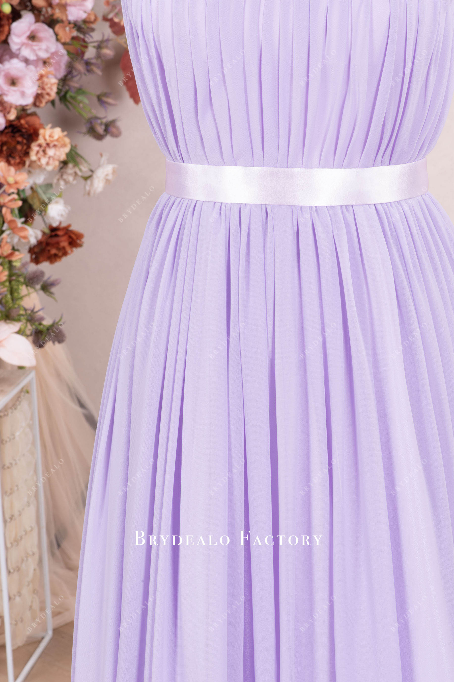 lilac satin waistband bridesmaid dress