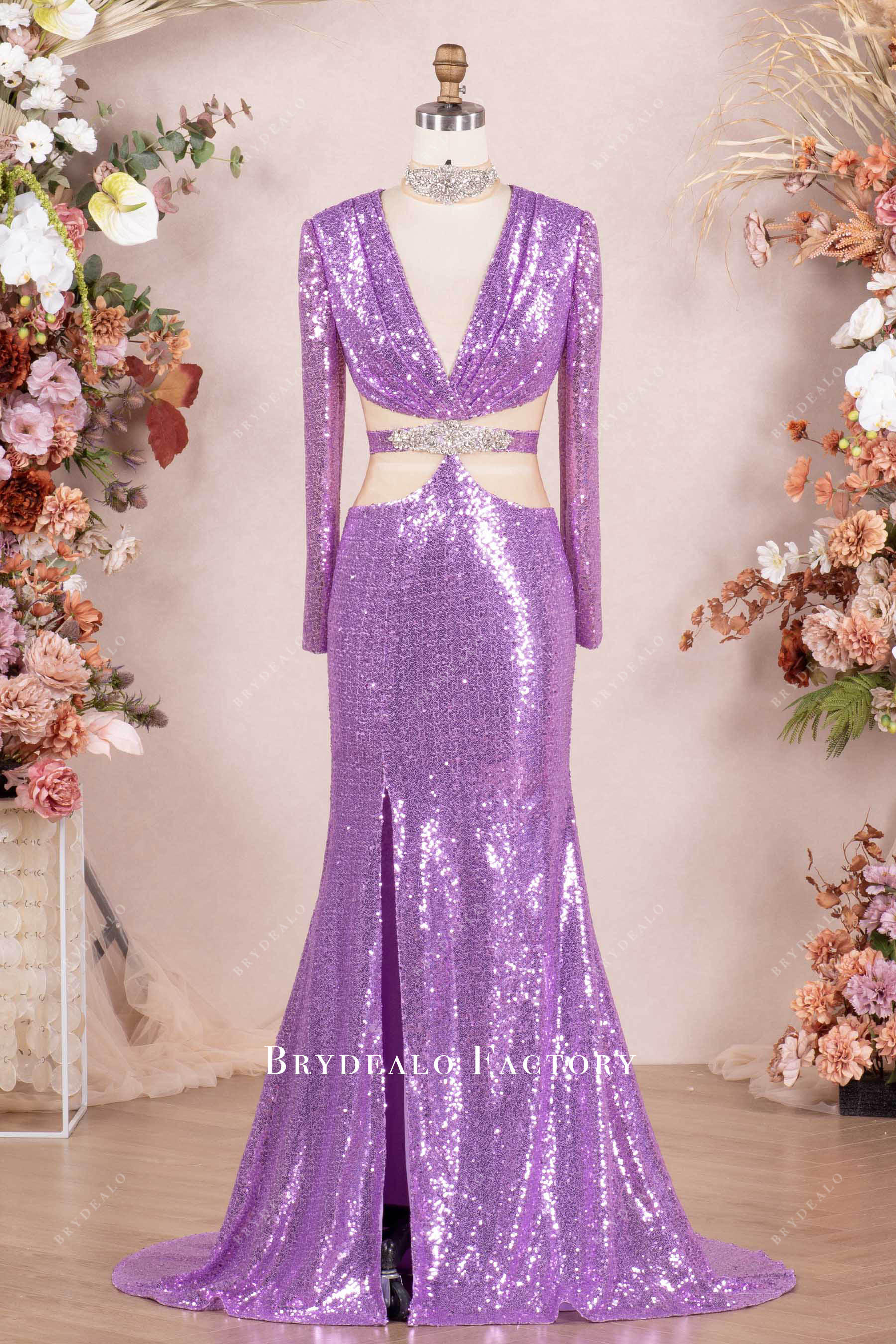 lilac sequined fit flare high slit prom dress